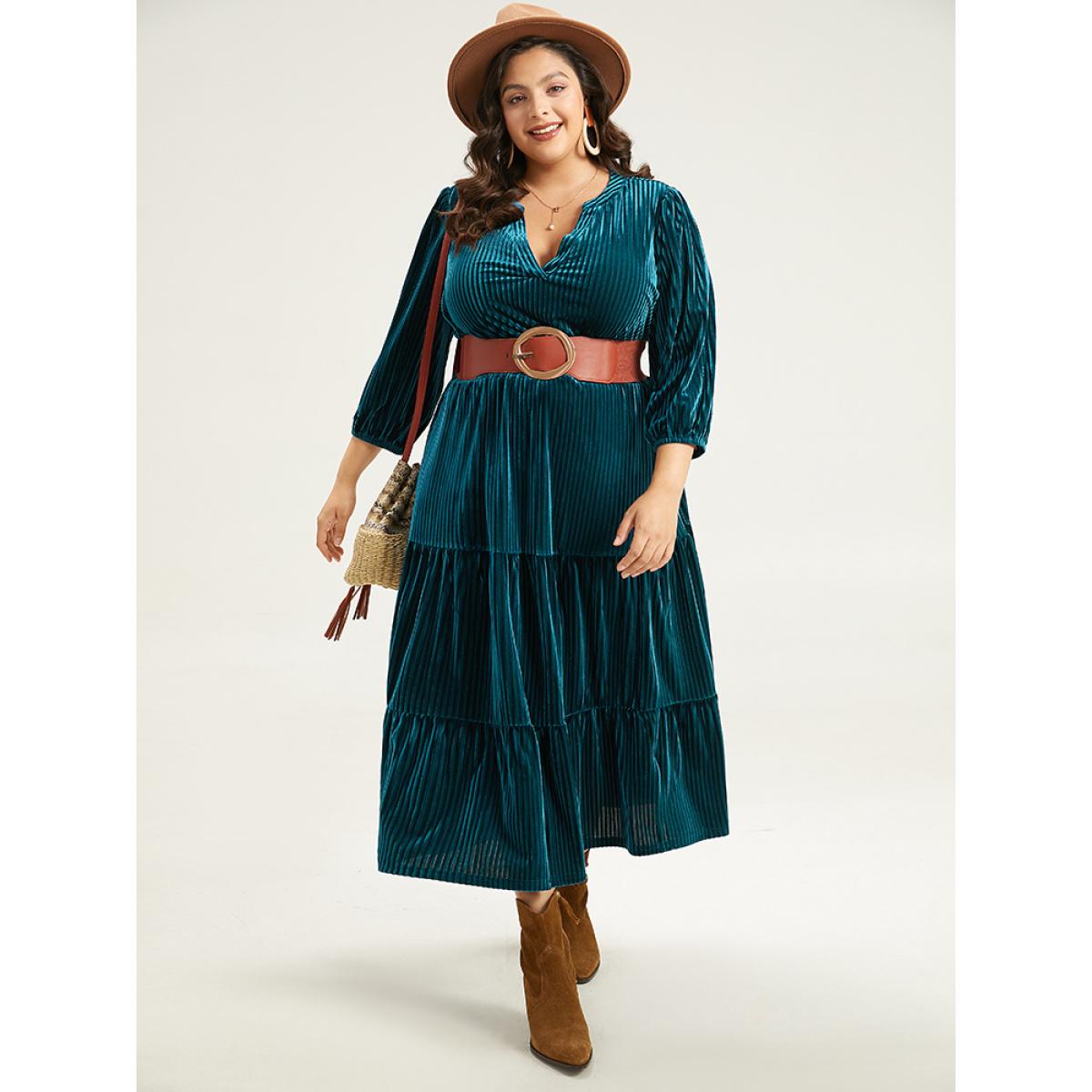 Plus Size Velvet Shirred Pocket Notched Dress Black Women Elegant Elastic cuffs Notched collar Elbow-length sleeve Curvy Midi Dress BloomChic 10/M Product Image