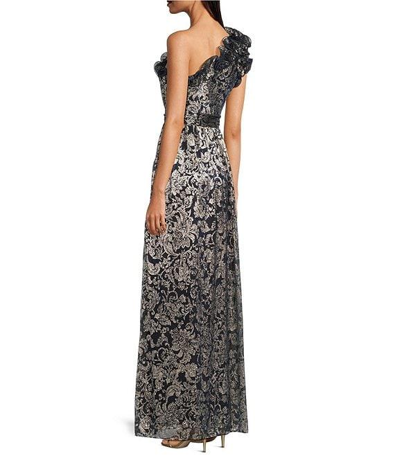 Adrianna Papell Metallic Ruffle Neck One Shoulder Printed Crinkle Gown Product Image