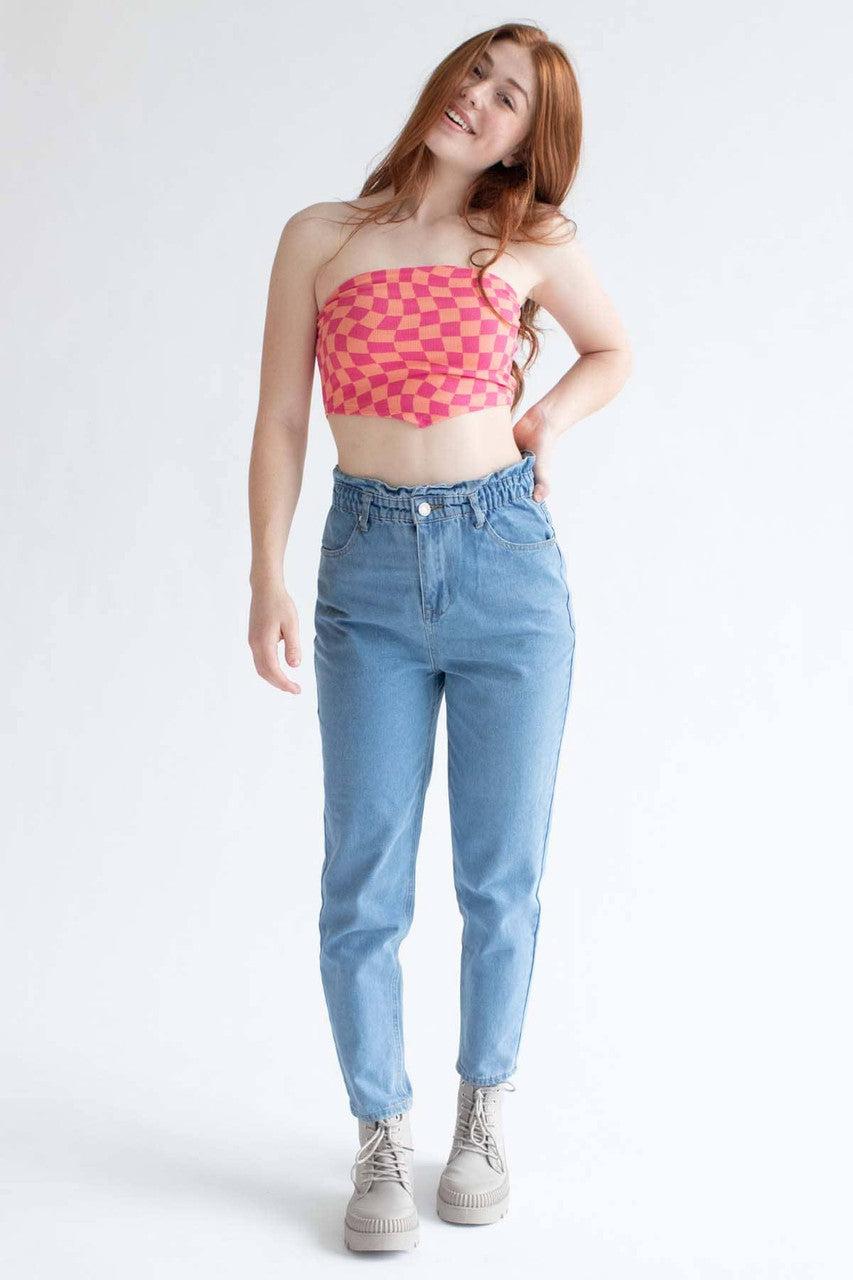 Pink Shock Wavy Checkered Handkerchief Hem Tube Top Product Image