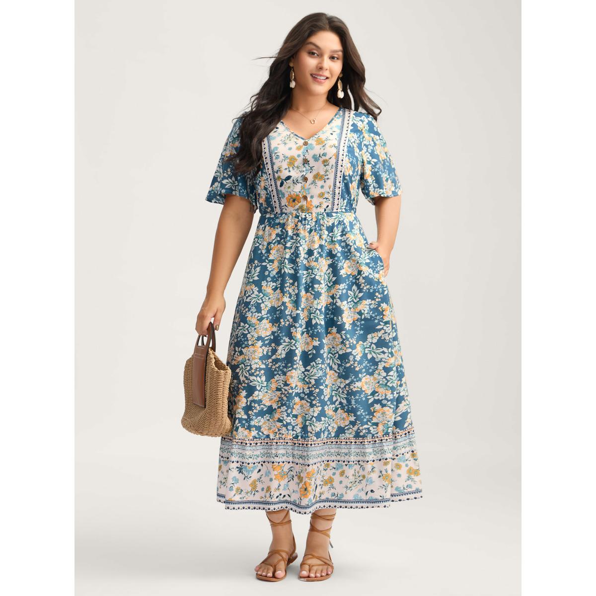 Plus Size Floral Contrast Button V-Neck Midi Dress Cerulean Women Contrast V-neck Half Sleeve Curvy BloomChic 14-16/1X Product Image