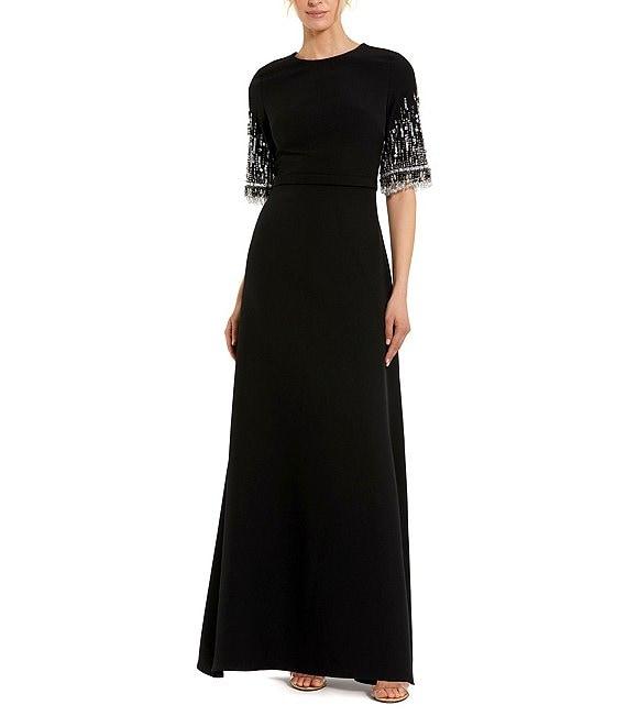 Mac Duggal Short Beaded Sleeve Crepe A-Line Gown Product Image