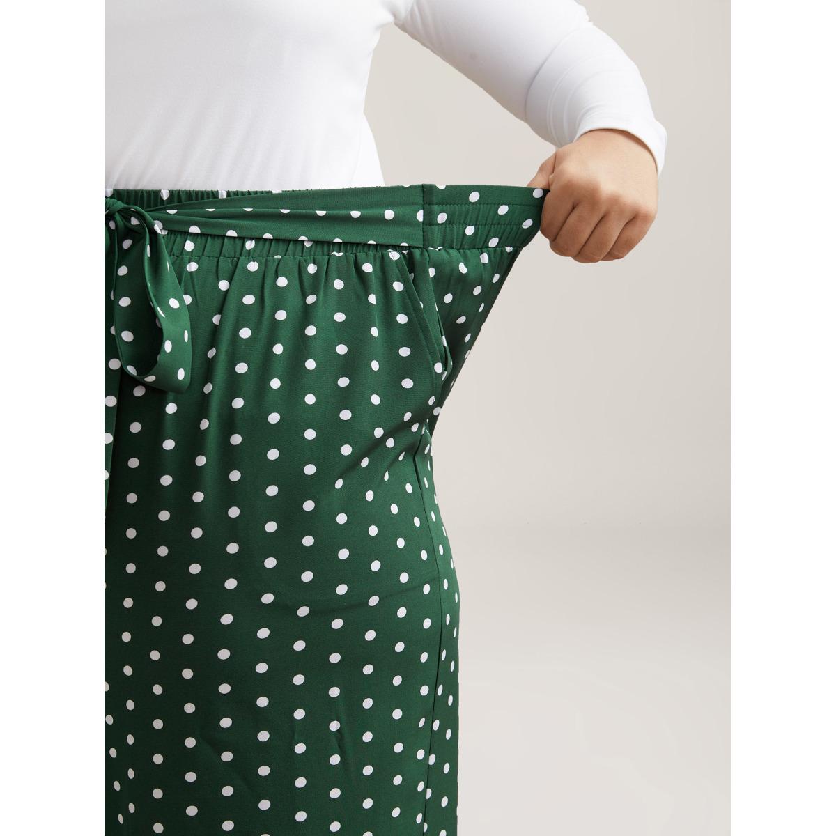 Plus Size Polka Dots Tied Wide Leg Pants Women DarkGreen Elegant Wide Leg Mid Rise Everyday Pants BloomChic 18-20/2X Product Image