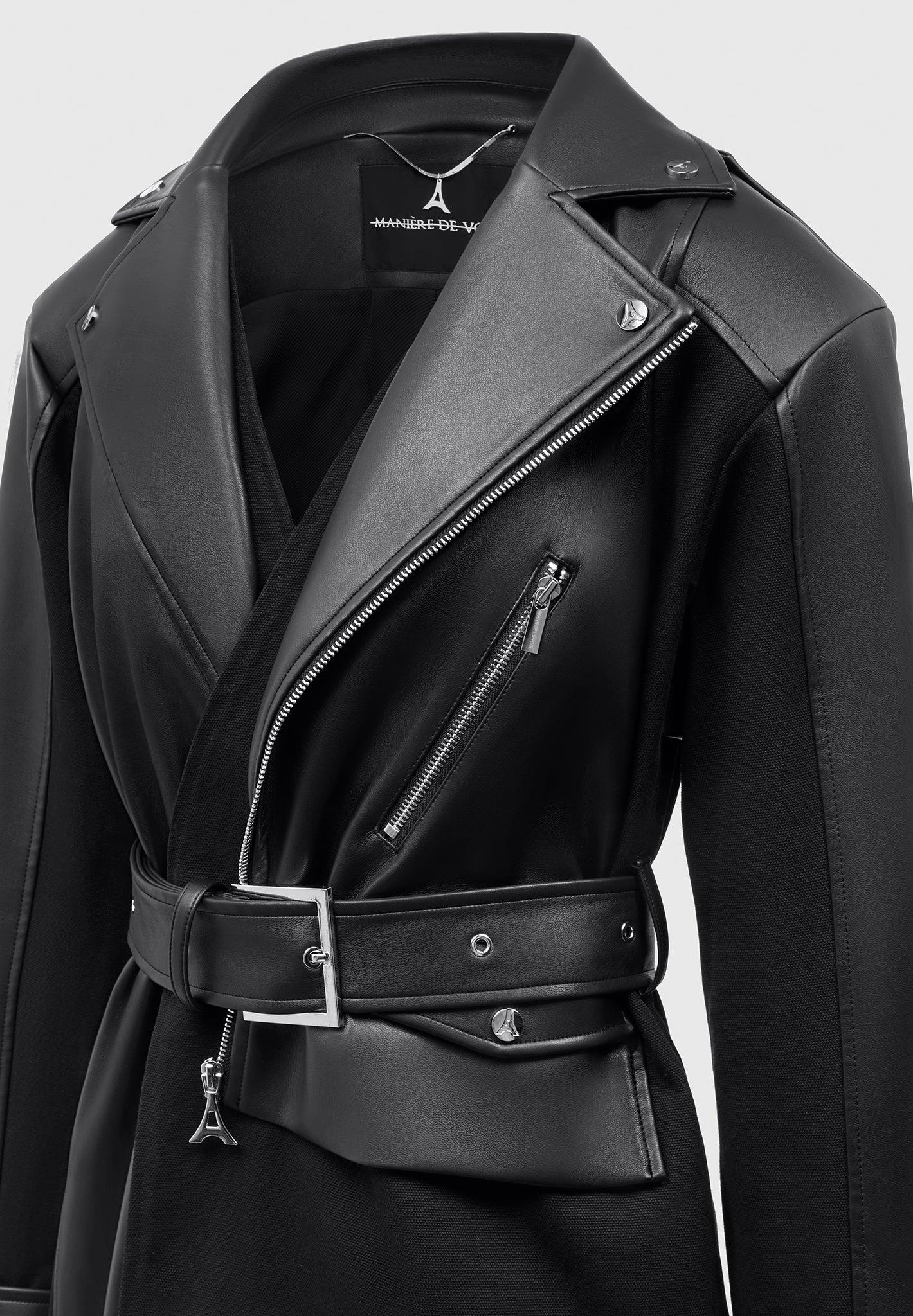 Leather Biker Trench Coat - Black Female Product Image