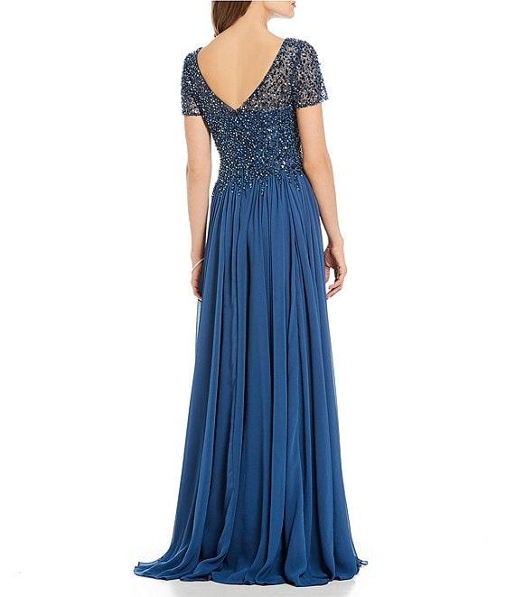 Terani Couture Sequin Chiffon Boat Neck Short Sleeve V-Back Lace A-Line Dress Product Image