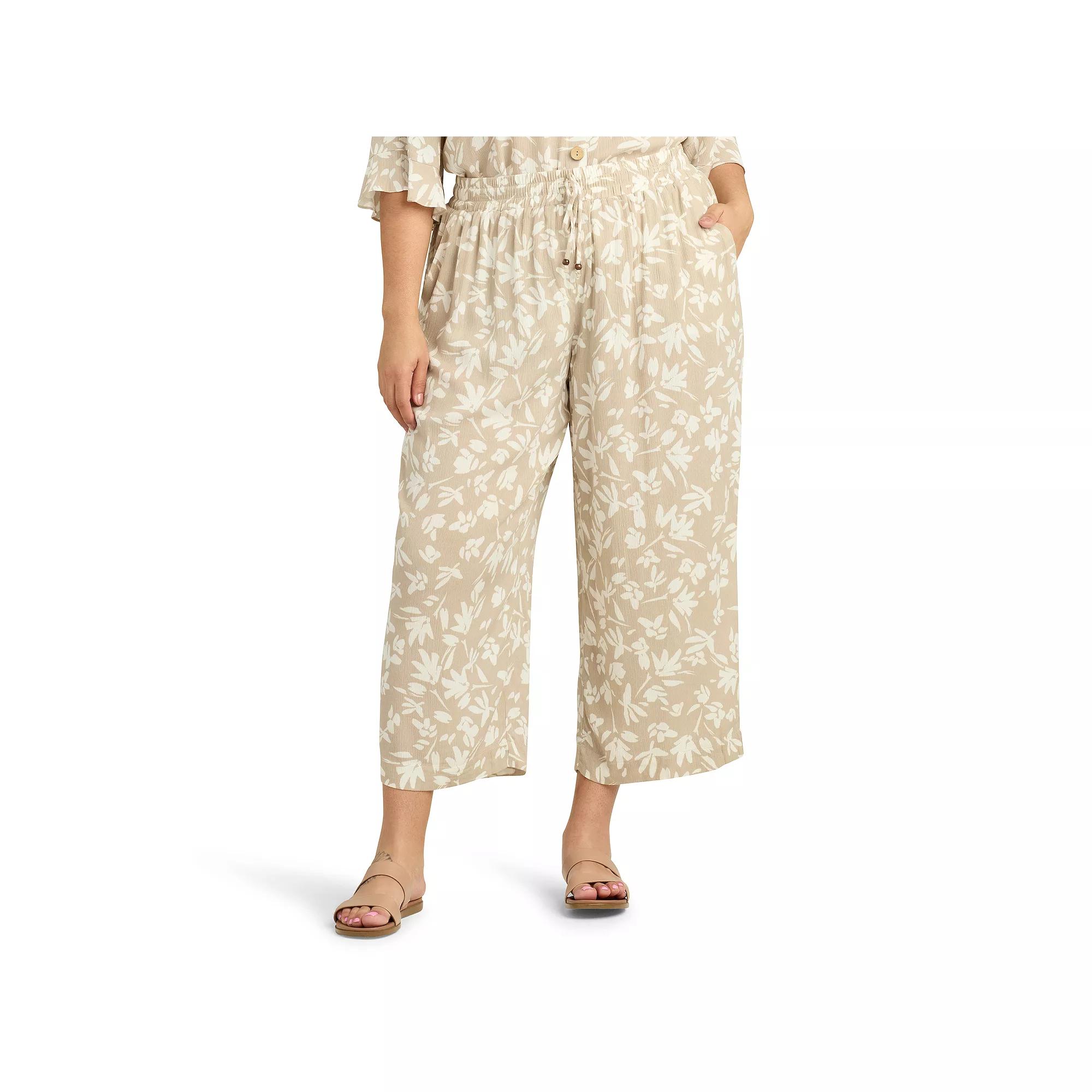 Plus Size AB Studio Tie-Front Elastic Waistband Cropped Pants, Womens Brown Grnd Floral Product Image