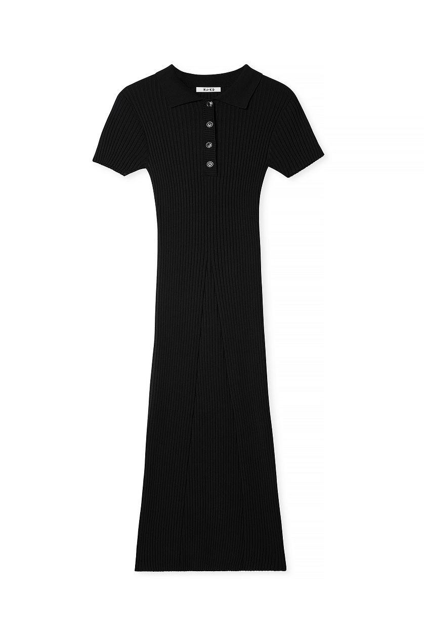 Knitted Short Sleeve Button Dress Black Product Image
