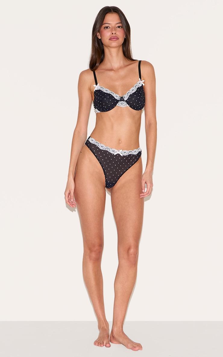 Black Polka Dot Lace Trim Underwired Lingerie Set Product Image