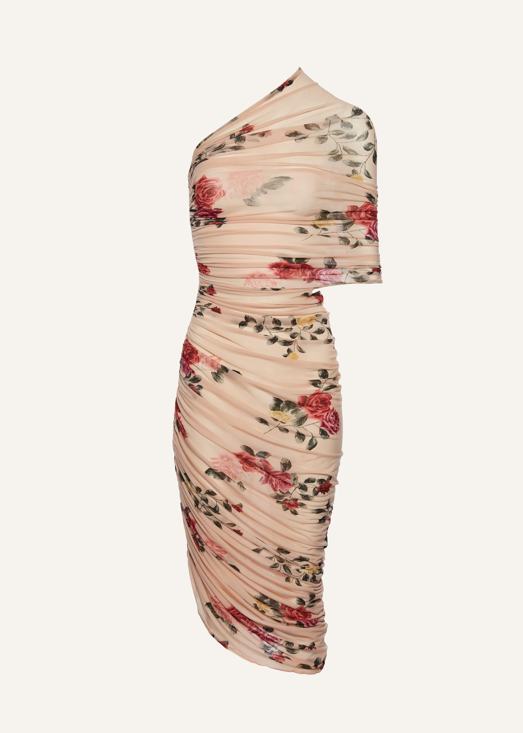 One shoulder draped midi dress in beige print Product Image