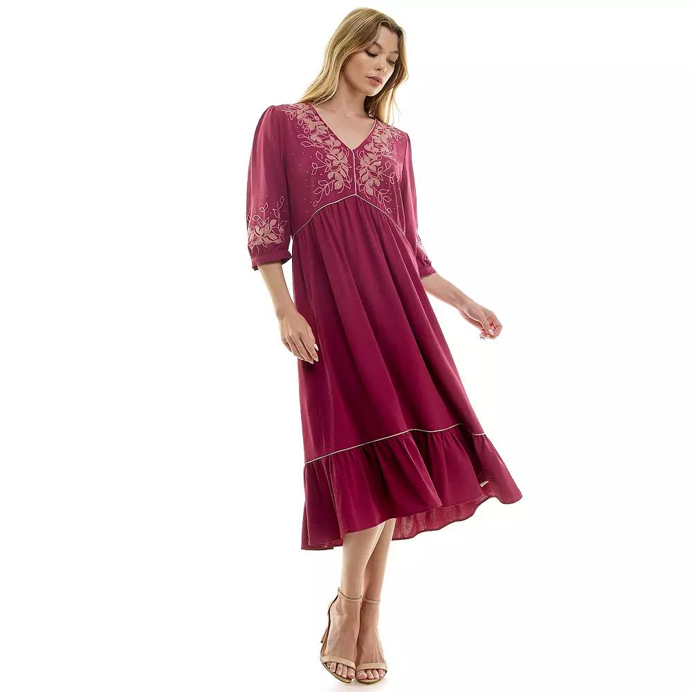 Women's Figueroa & Flower Elbow Sleeve Embroidered Peasant Dress, Size: Large Product Image