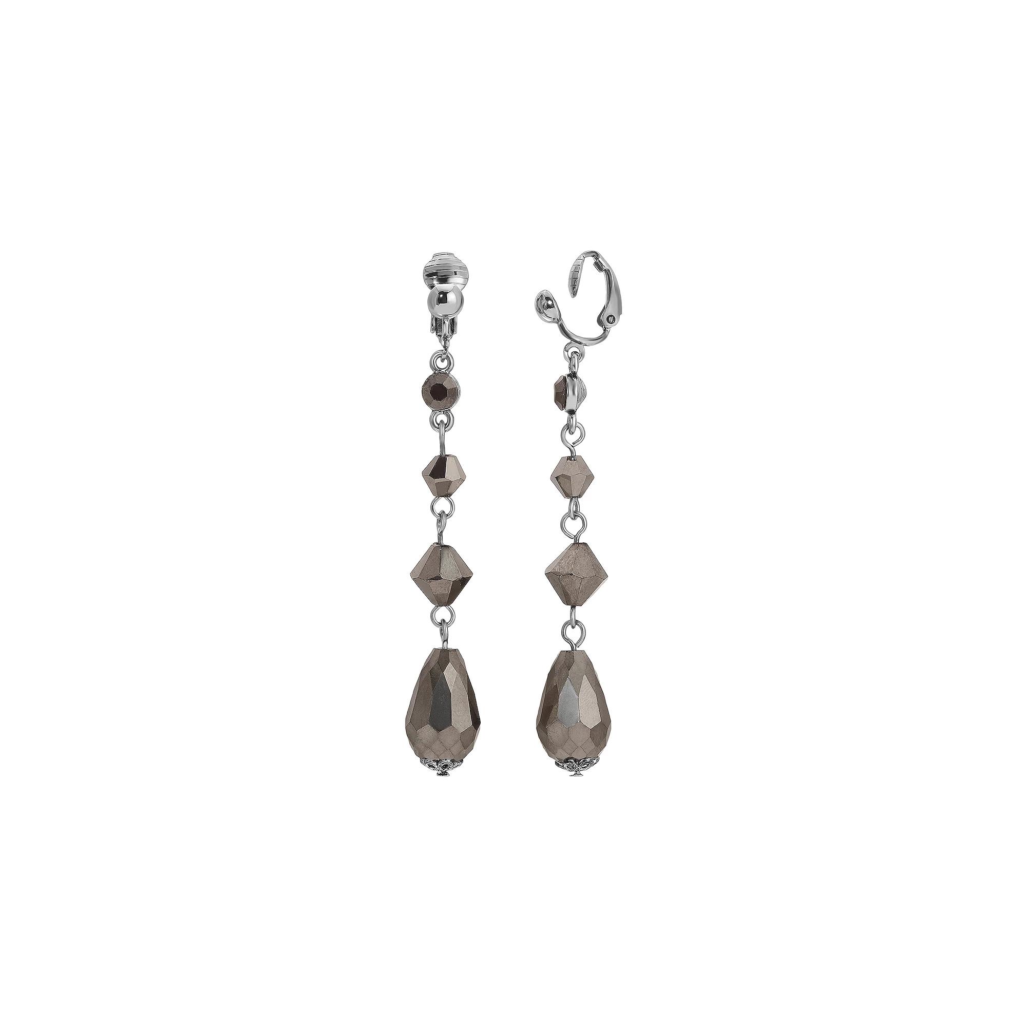 1928 Silver Tone Hematite Crystal Linear Drop Clip-On Earrings, Womens, Gray Product Image