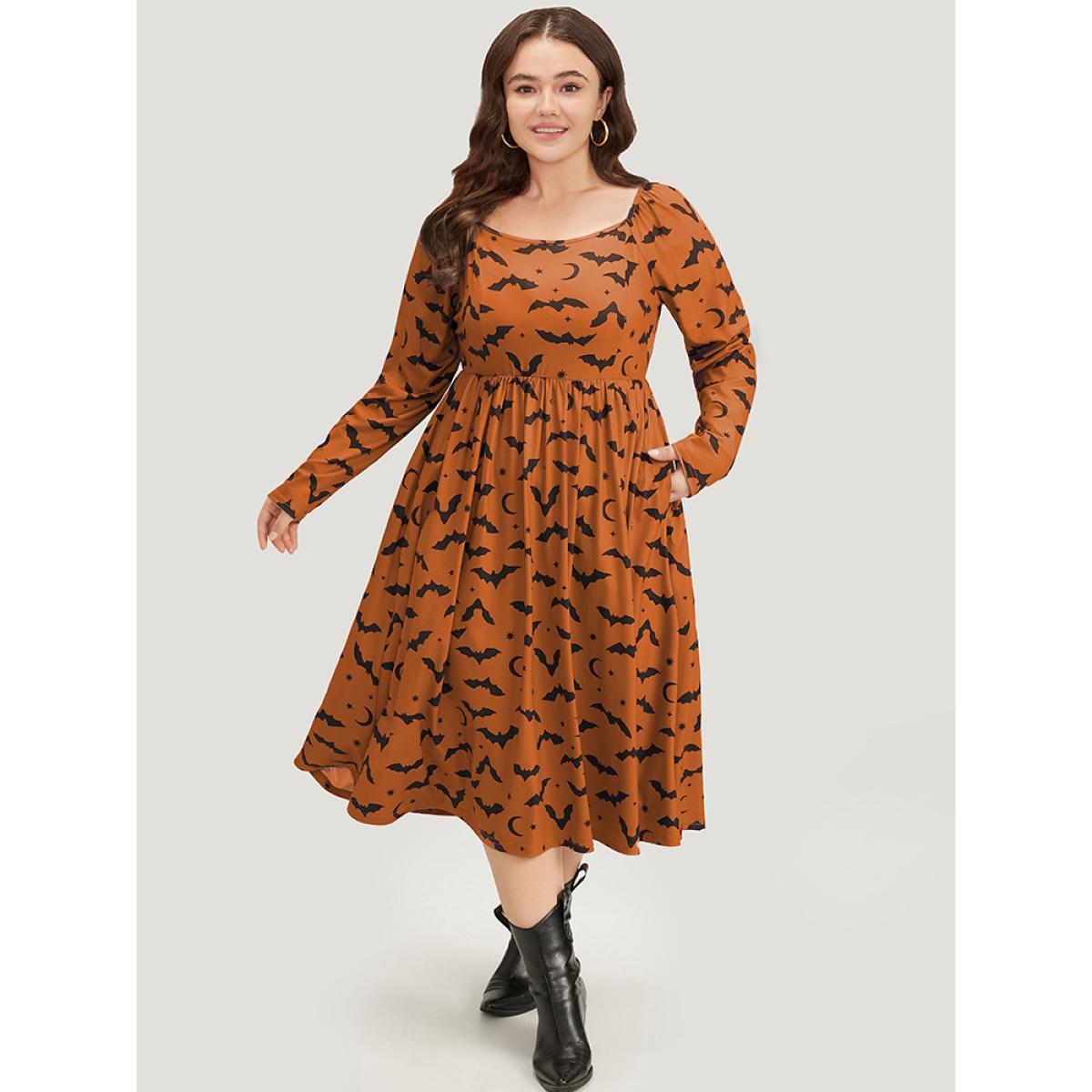 Plus Size Halloween Bat Print Pocket Square Neck Dress Rust Women Casual Gathered Square Neck Long Sleeve Curvy Midi Dress BloomChic 12/L Product Image