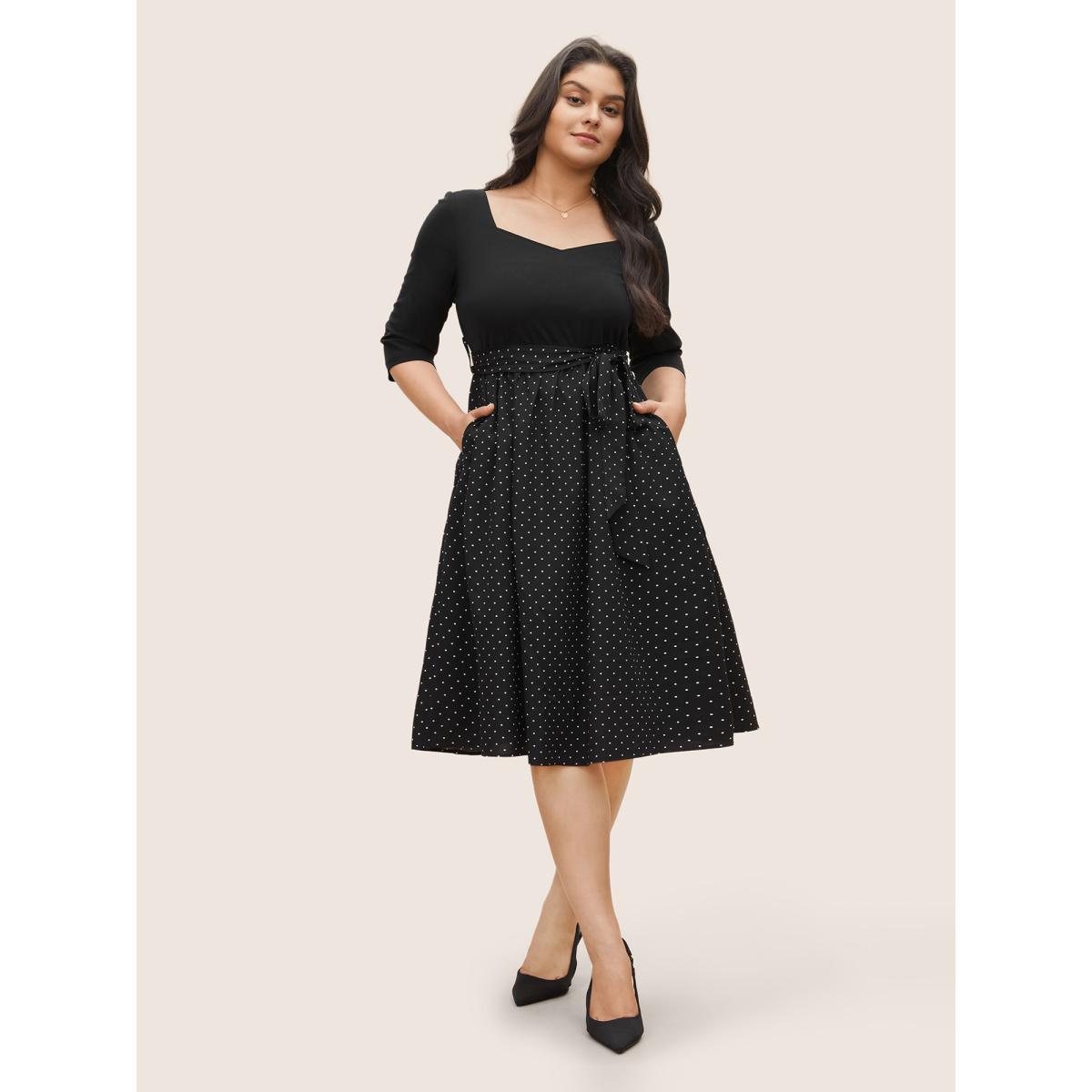 Plus Size Polka Dot Patchwork Belted Square Neck Dress Black Women At the Office Non Square Neck Elbow-length sleeve Curvy Midi Dress BloomChic 14-16/1X Product Image