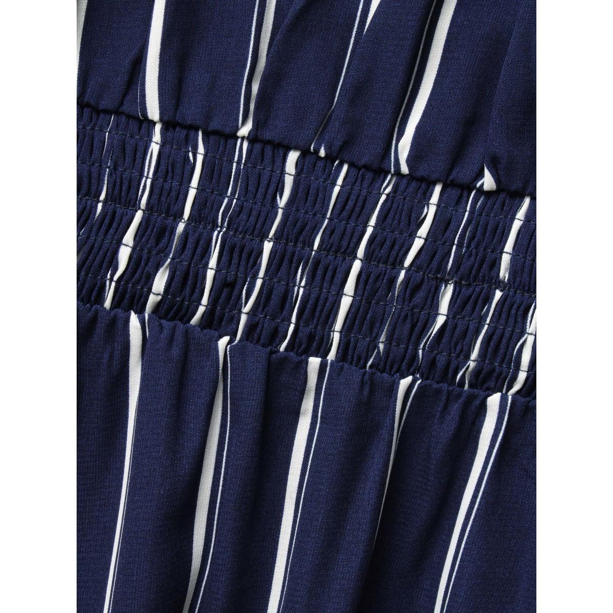 Plus Size Striped Shirred Lantern Sleeve Maxi Dress DarkBlue Women Elegant Tie knot U-neck Long Sleeve Curvy BloomChic 14-16/1X Product Image