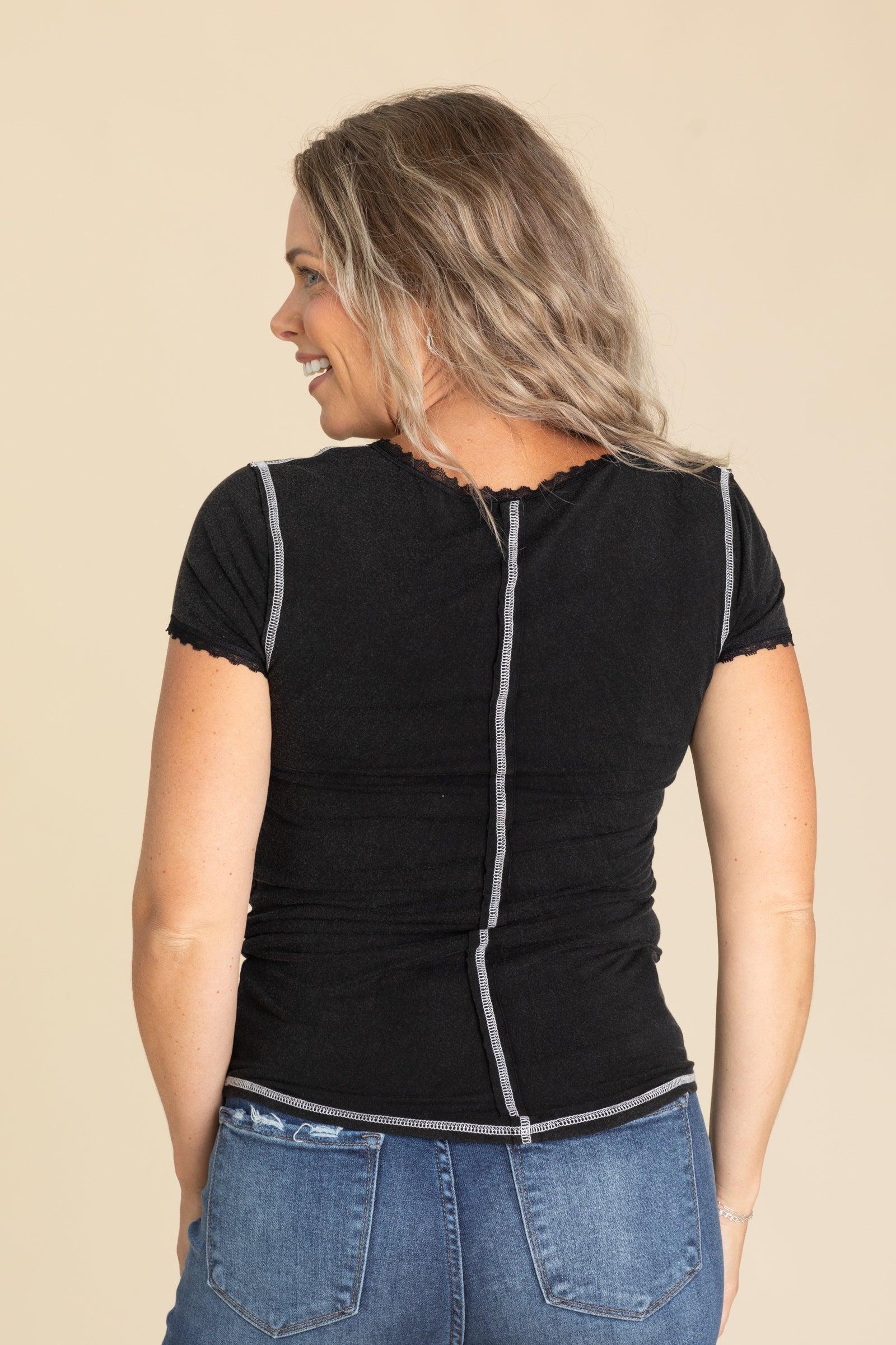 V-Neck Lace Trim Knit Tops Product Image