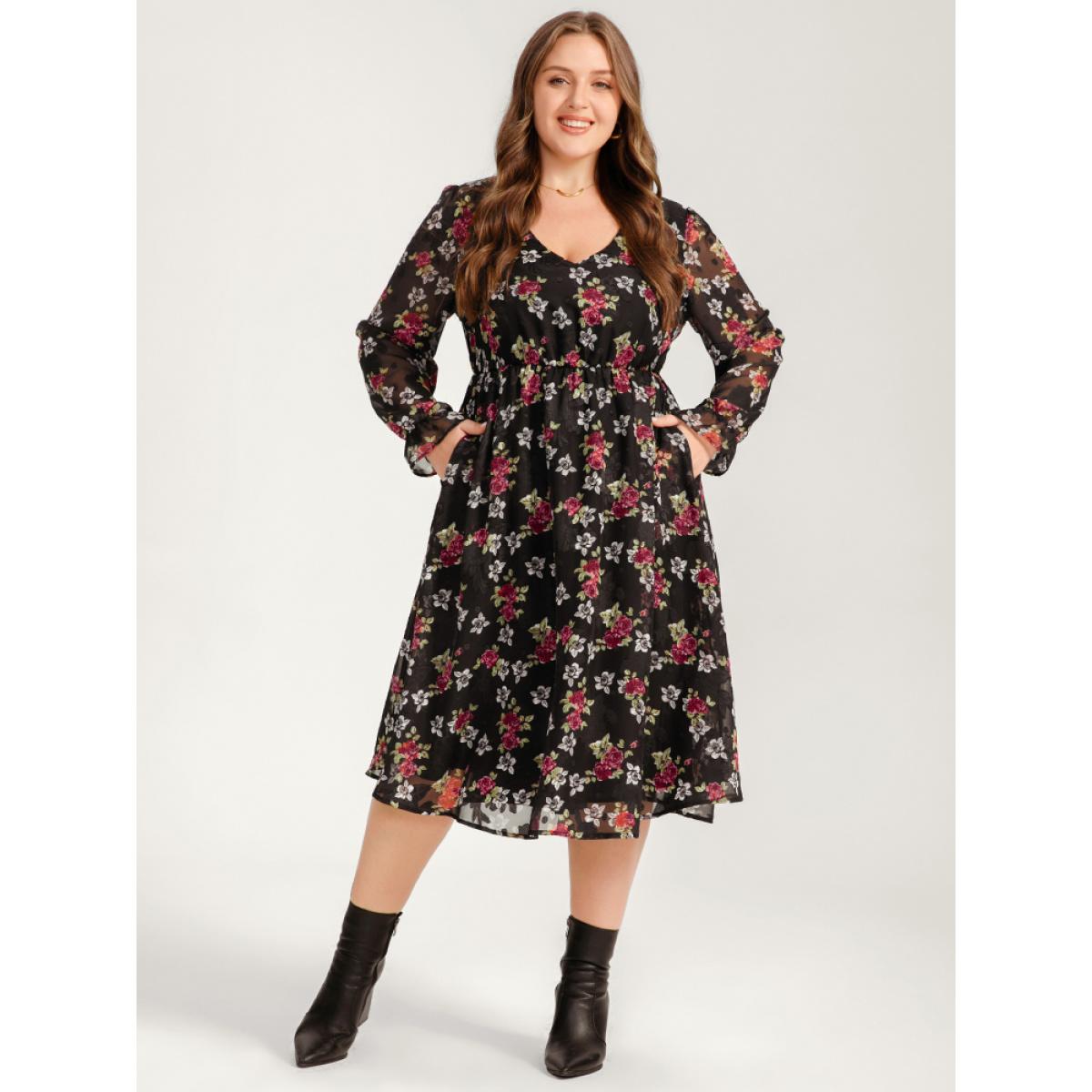Plus Size Floral Mesh Lantern Sleeve Pocket Flutter Dress Black Women Dating V-neck Long Sleeve Curvy Midi Dress BloomChic 18-20/2X Product Image