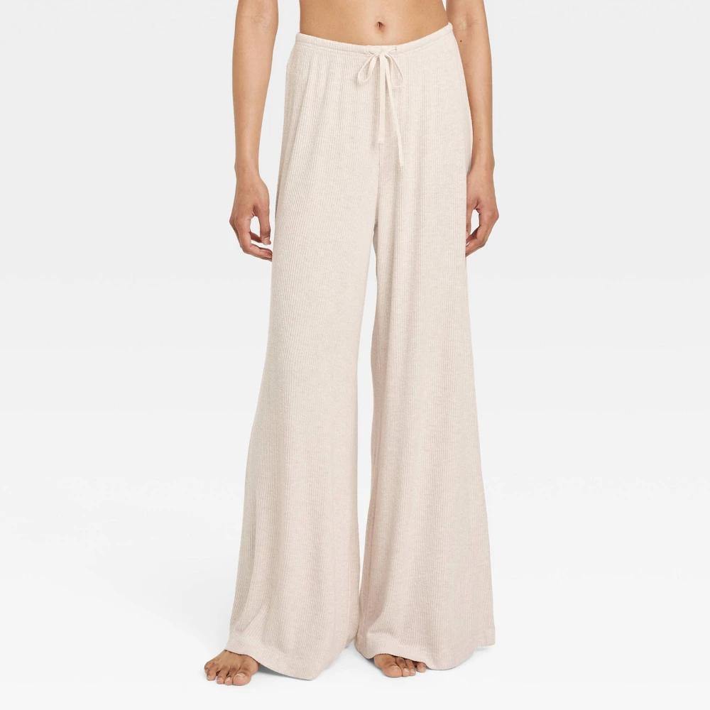 Women's Cozy Ribbed Wide Leg Pants - Auden™ Oatmeal L: Relaxed Fit, Mid Rise, Abstract Pattern Product Image
