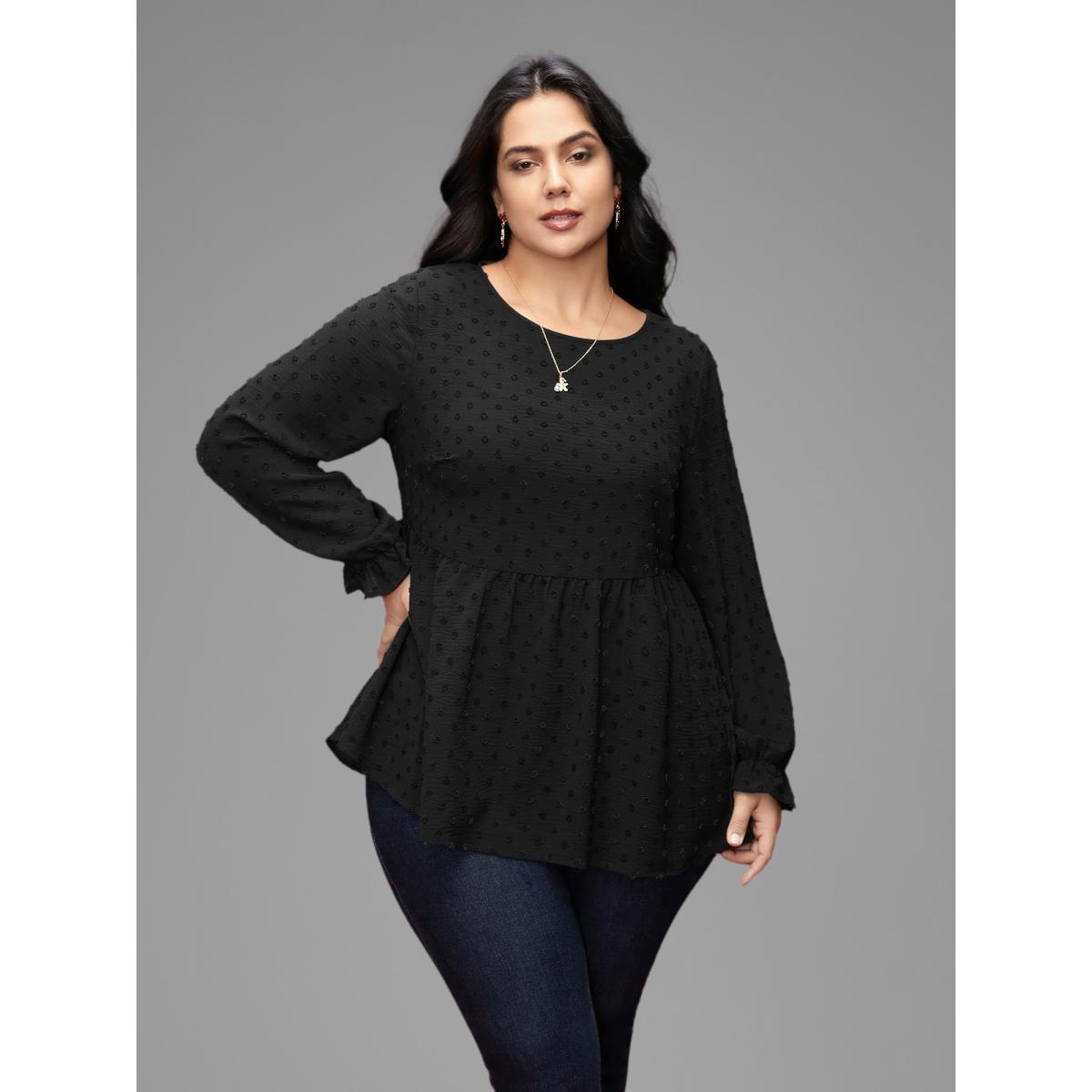 Plus Size Black Textured Dot Elastic Cuffs A-line Blouse Women Leisure Long Sleeve Round Neck Casual Blouses BloomChic 10/M Product Image