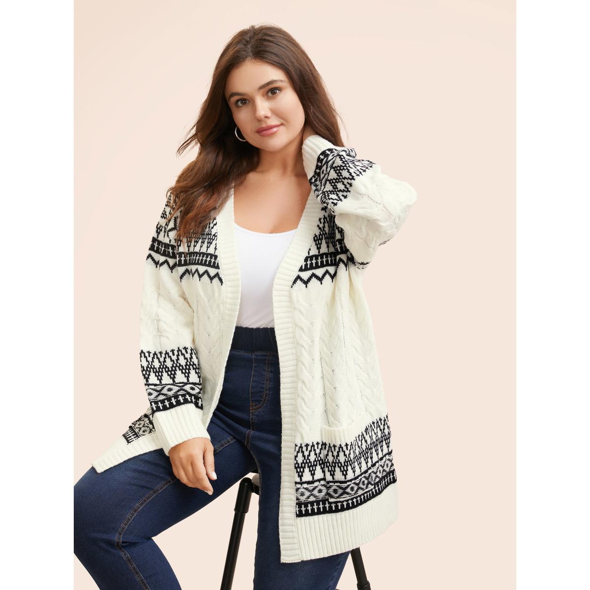 Plus Size Bandana Jacquard Cable Knit Pocket Cardigan Ivory Women Leisure Loose Long Sleeve Casual Cardigans BloomChic 30/6X Product Image