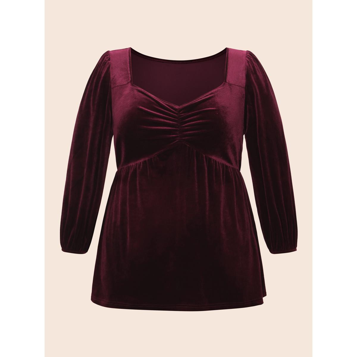 Plus Size Burgundy Velvet Heart Neckline Gathered Blouse Women Timeless Three Quarter Length Sleeve Heart neckline Elegant Blouses BloomChic 22-24/3X Product Image