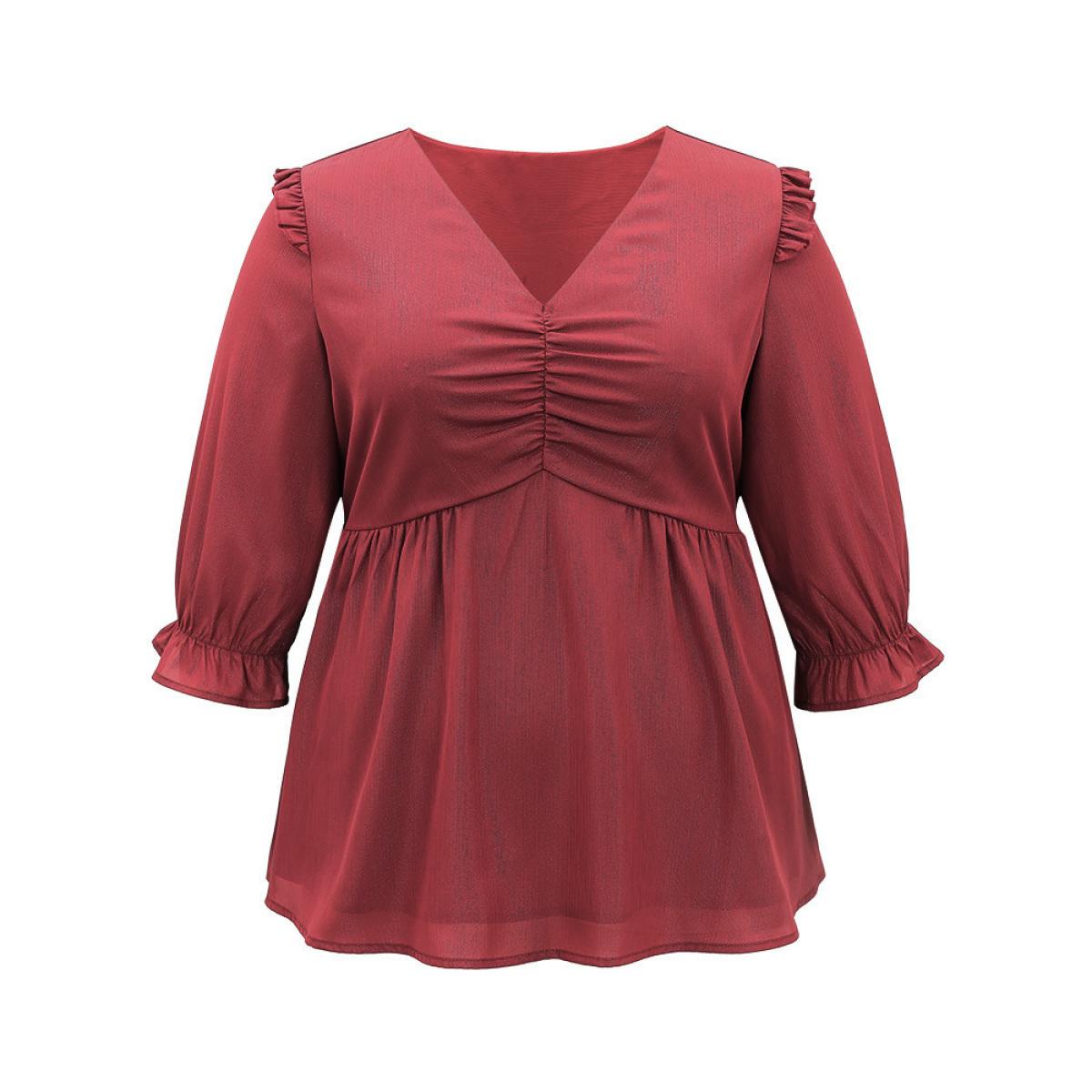 Plus Size Scarlet Solid Frill Trim Ruched Elastic Waist Blouse Women Glamour Elbow-length sleeve V-neck Festival-Christmas Blouses BloomChic 10/M Product Image