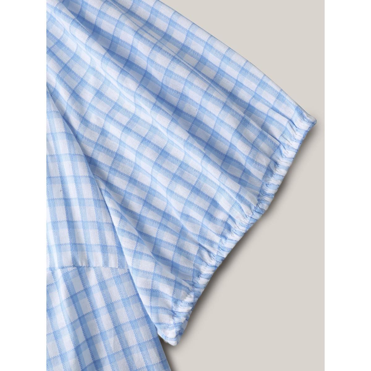 Plus Size LightBlue Bow Front Plaid Print Babydoll Top Women Leisure Short sleeve Notched collar Casual Blouses BloomChic 30/6X Product Image