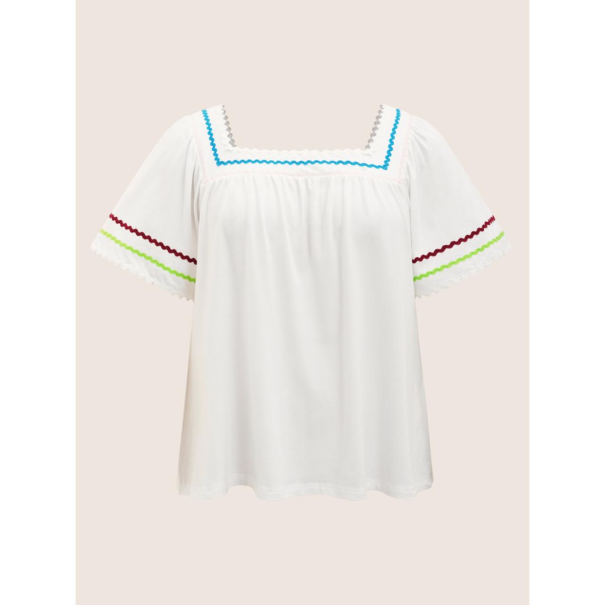 Plus Size Cotton Woven Ribbon Contrast Ruffle Sleeve T-shirt Originalwhite Women Casual Woven ribbon&lace trim Square Neck Everyday T-shirts BloomChic 30/6X Product Image