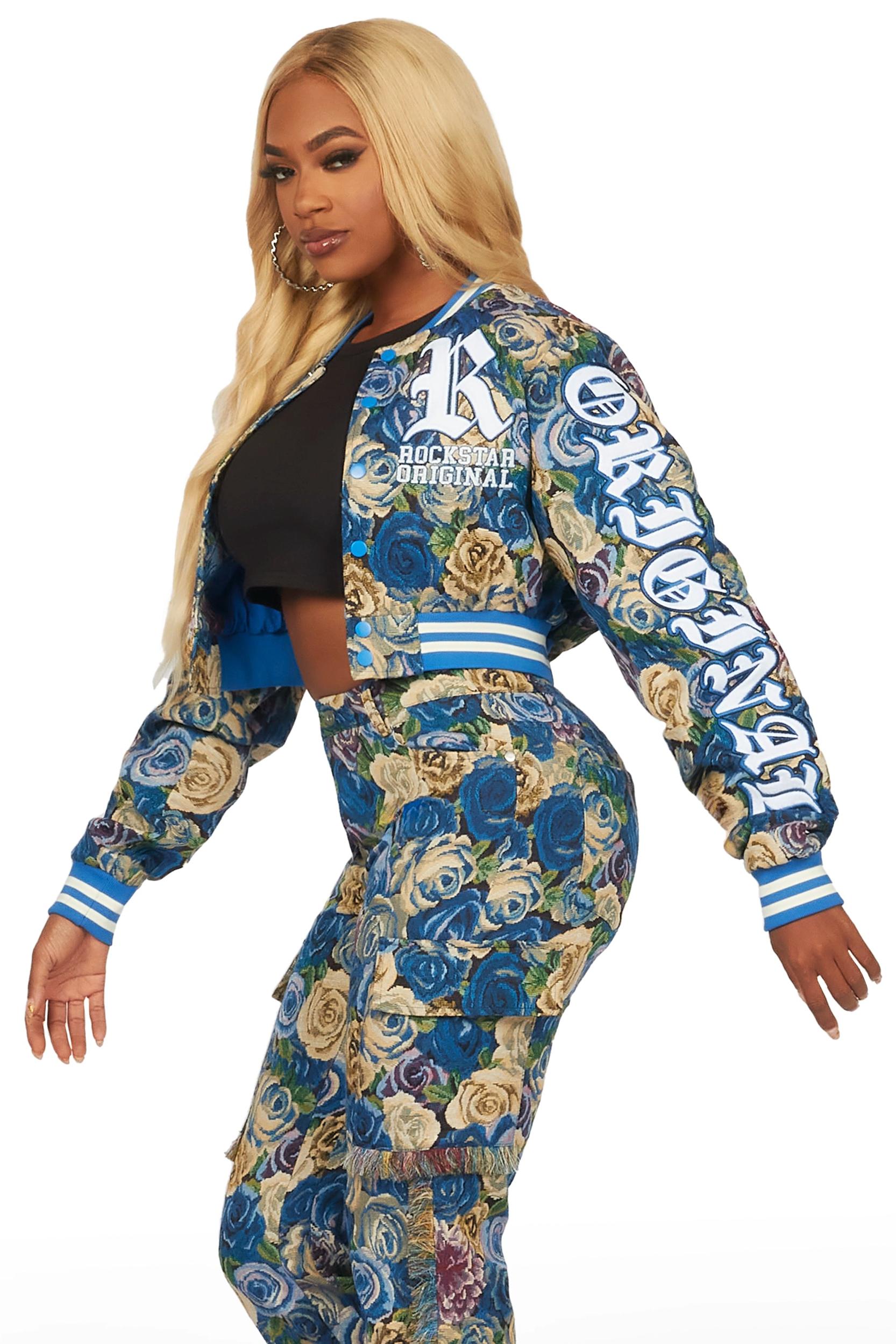 Darresha Blue Crop Tapestry Varsity Jacket Female Product Image
