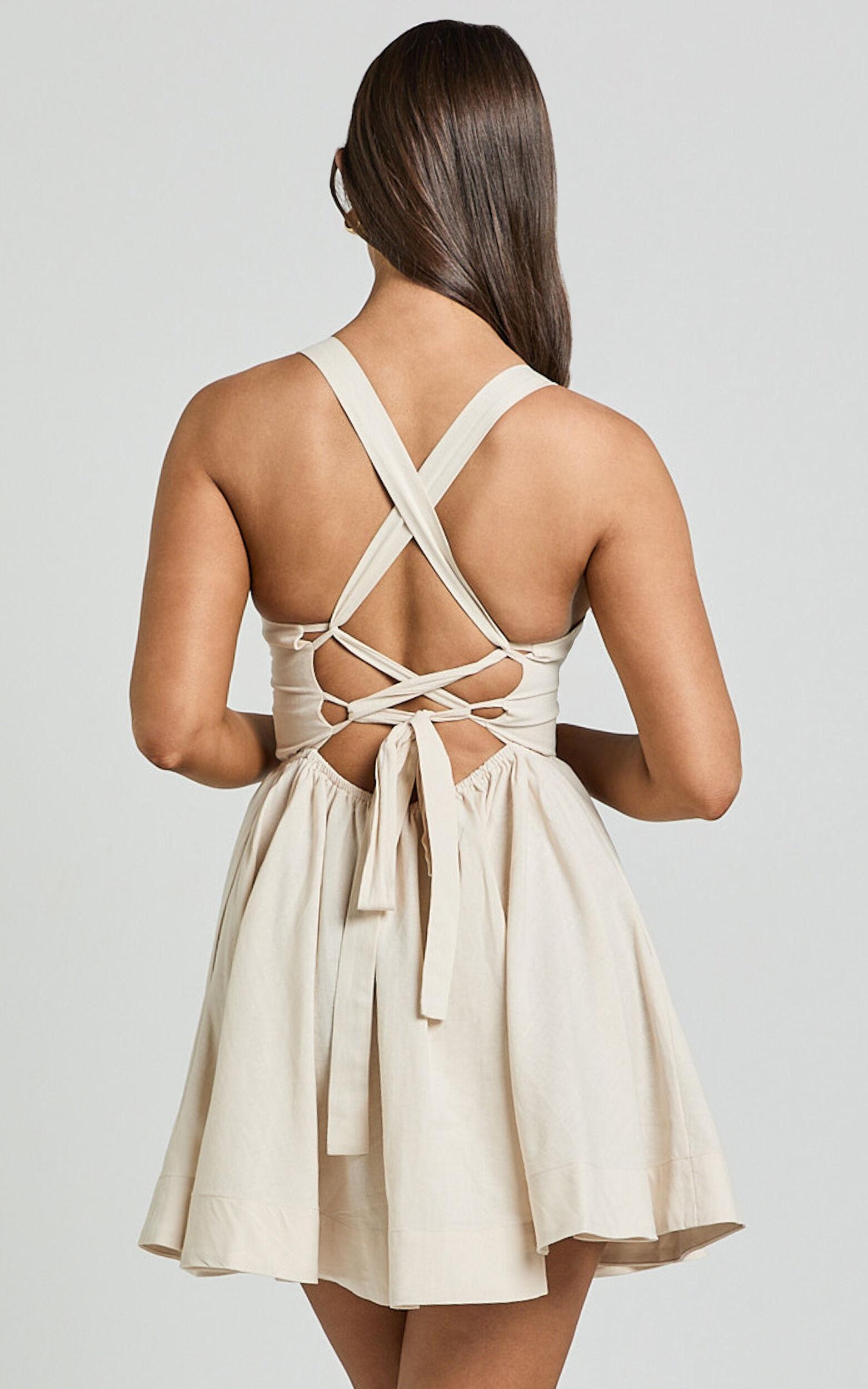 Cathryn Mini Dress - Cross Back Bustier Linen Look Blend Dress in Stone Product Image