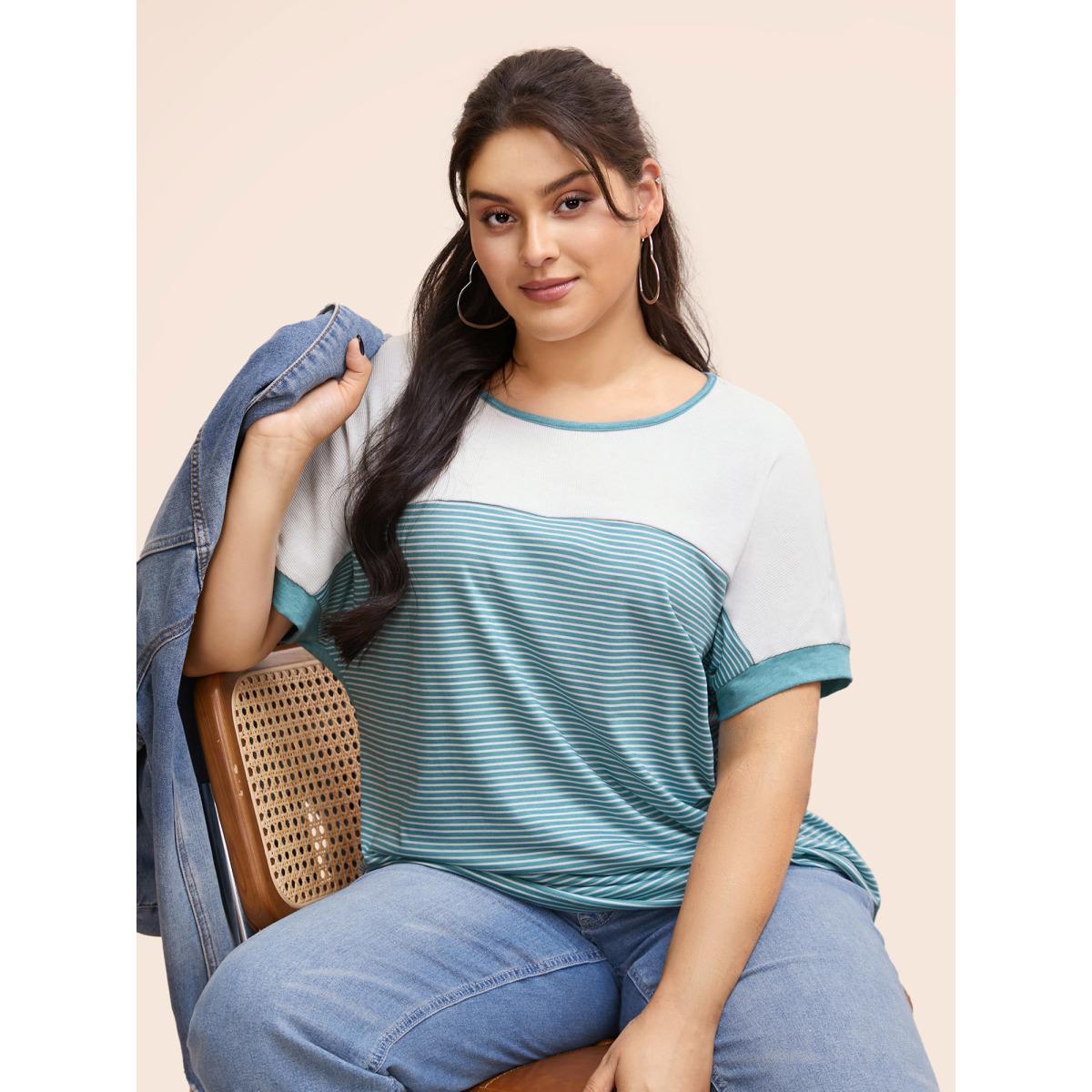 Plus Size Round Neck Striped Patchwork Contrast T-shirt Cerulean Women Casual Contrast Round Neck Everyday T-shirts BloomChic 14-16/1X Product Image