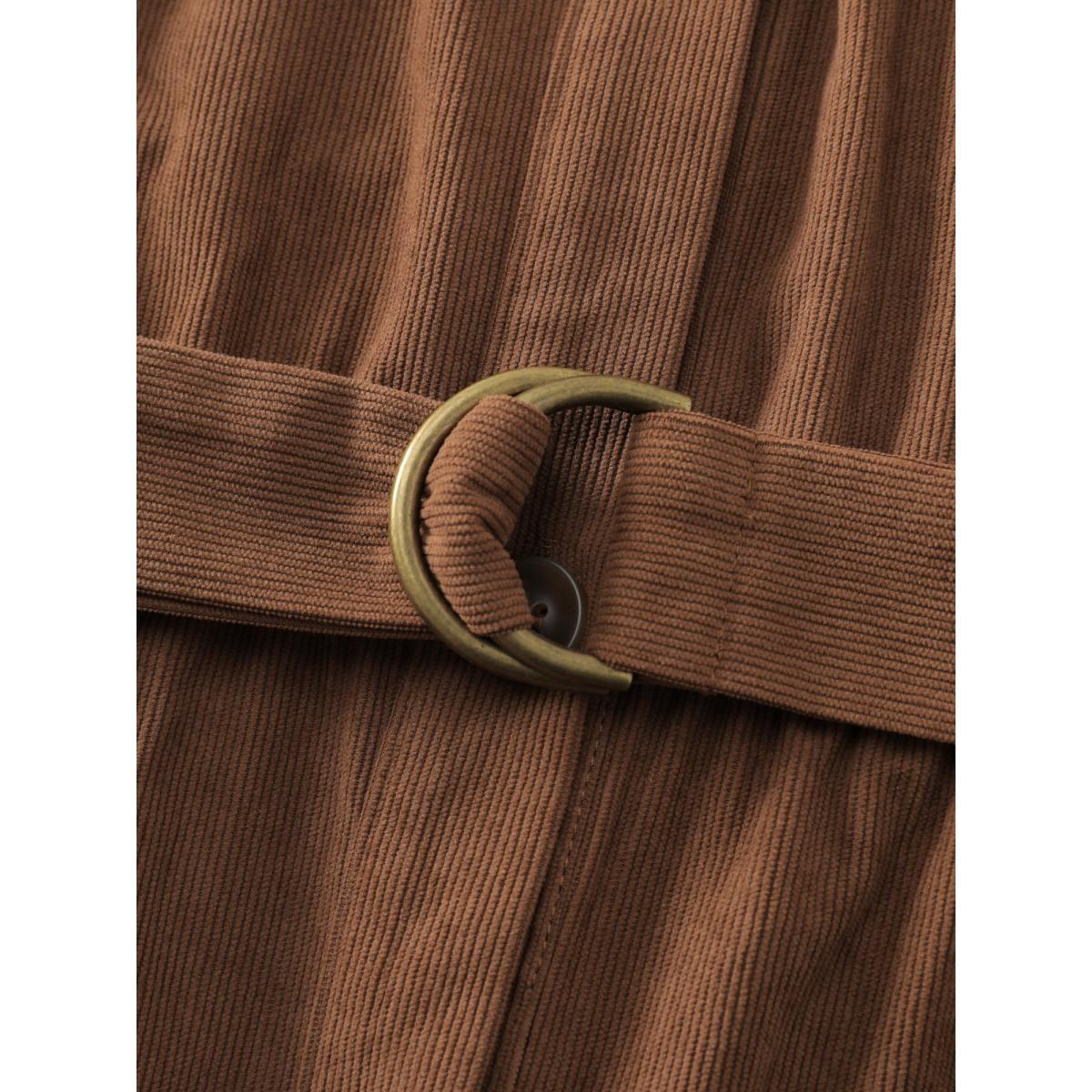 Plus Size Corduroy Rivets Belted Waist Midi Shirt Dress Yellowishbrown Women Leisure Tie knot Shirt collar Long Sleeve Curvy BloomChic 14-16/1X Product Image