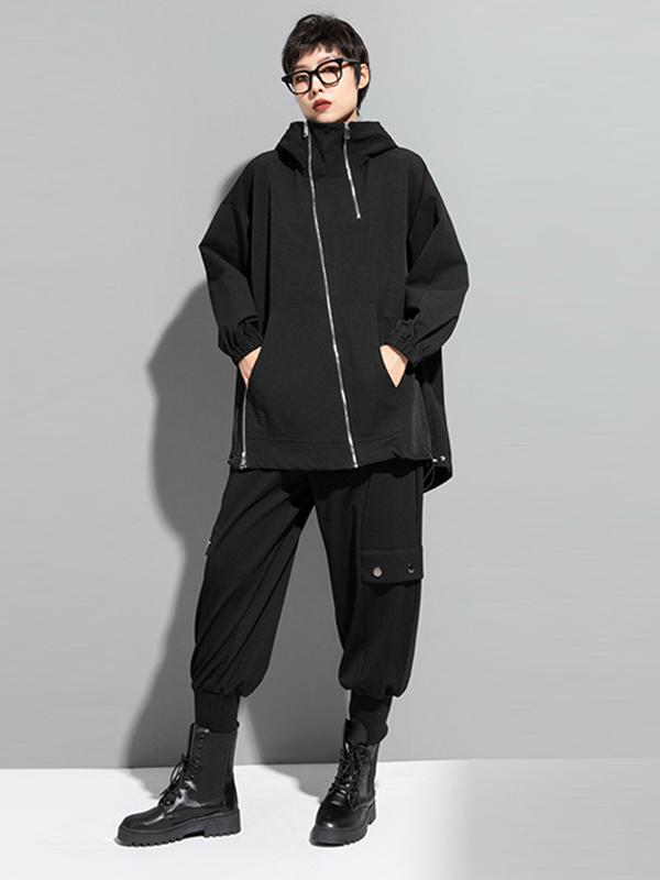 Fashion Irregularity Loose Solid Color Zipper Hooded Outerwear Product Image