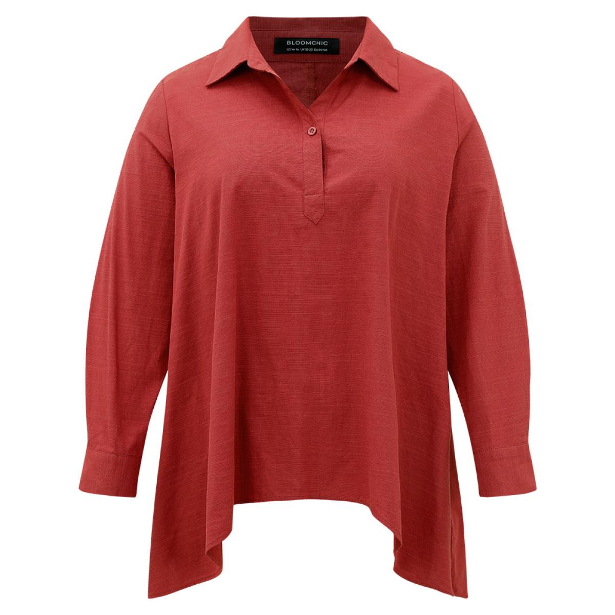 Plus Size Scarlet Cotton Curved Hem Button Down Blouse Women Office Long Sleeve Shirt collar Office Blouses BloomChic 10/M Product Image