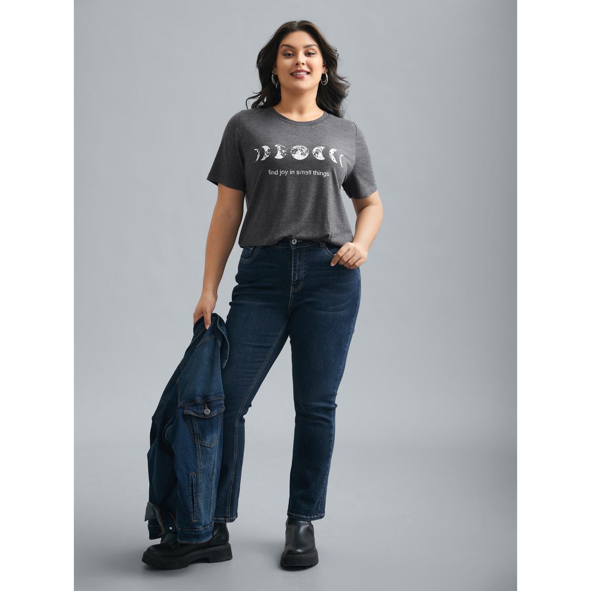 Plus Size Round Neck Lunar Pattern Slim-Fit T-Shirt DimGray Women Casual Non Star and moon Round Neck Everyday T-shirts BloomChic 26/4X Product Image