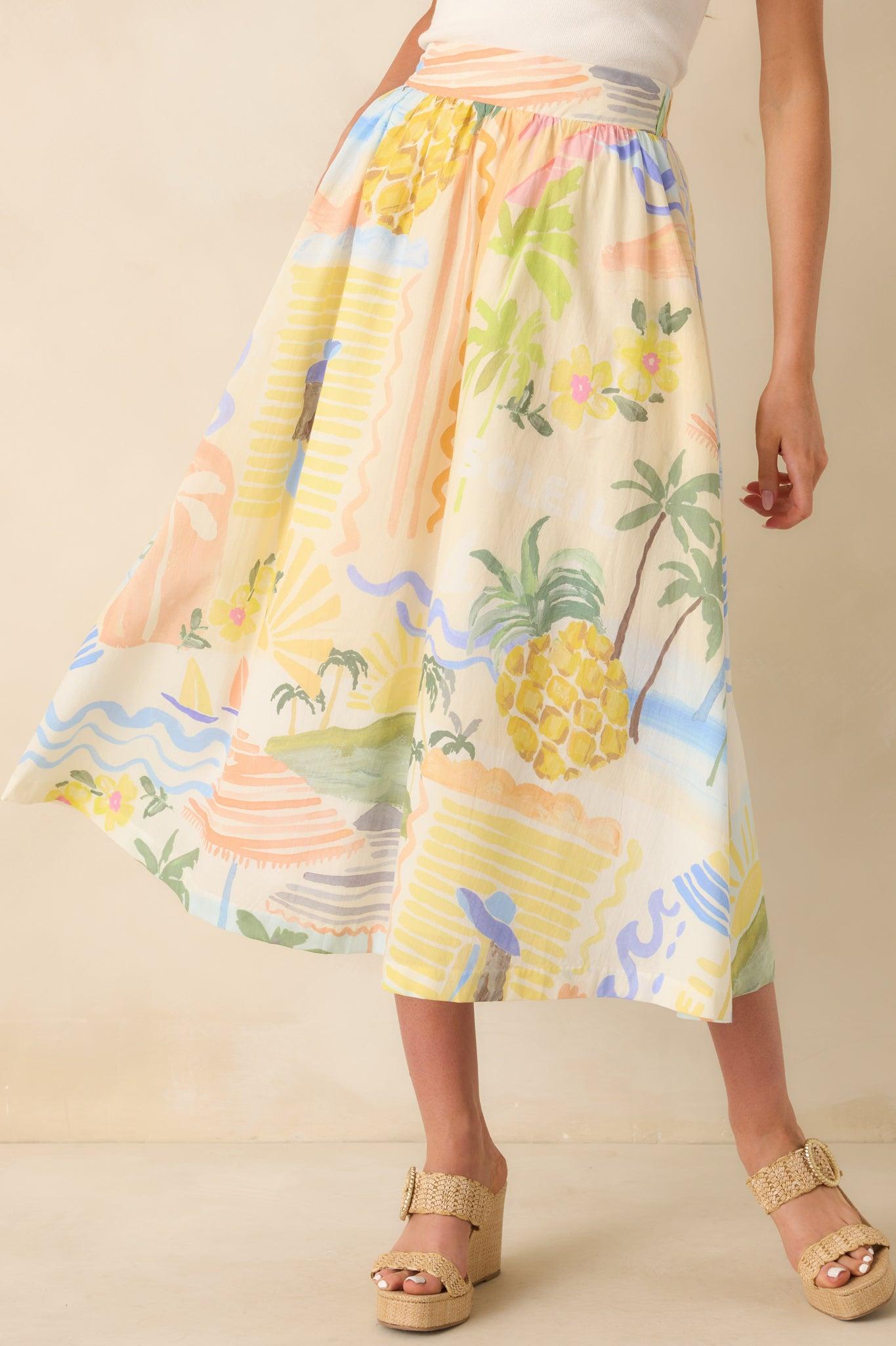 Prosperina Erica Multi Tropical Print Cotton Midi Skirt Product Image