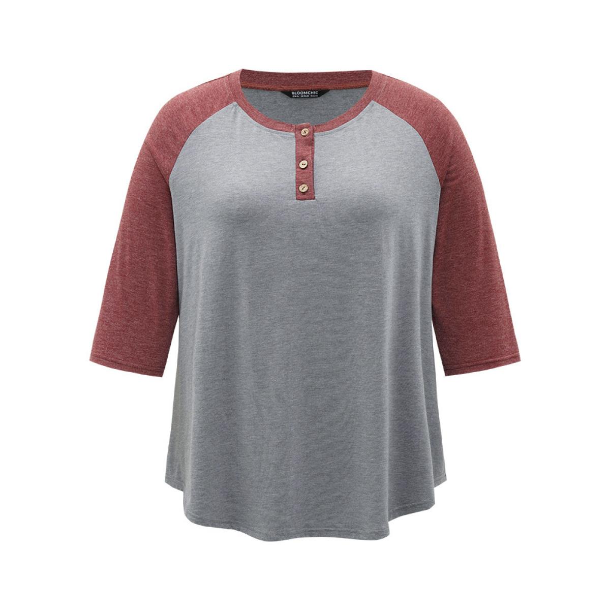 Plus Size Two Tone Button Up Raglan Sleeve T-shirt Gray Women Casual Contrast Plain Round Neck Dailywear T-shirts BloomChic 10/M Product Image