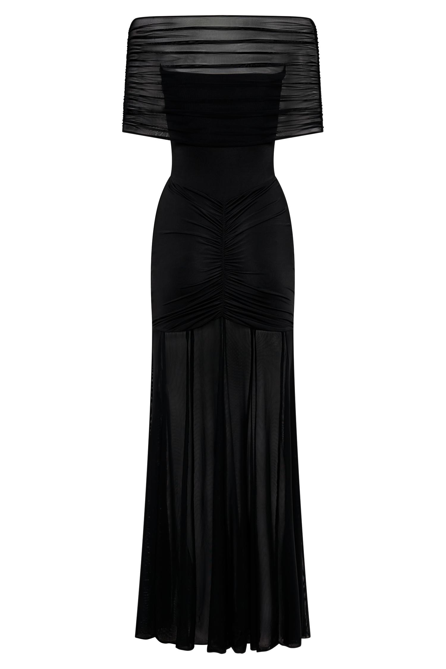 Caspian Slinky And Mesh Off Shoulder Maxi Dress - Black Product Image