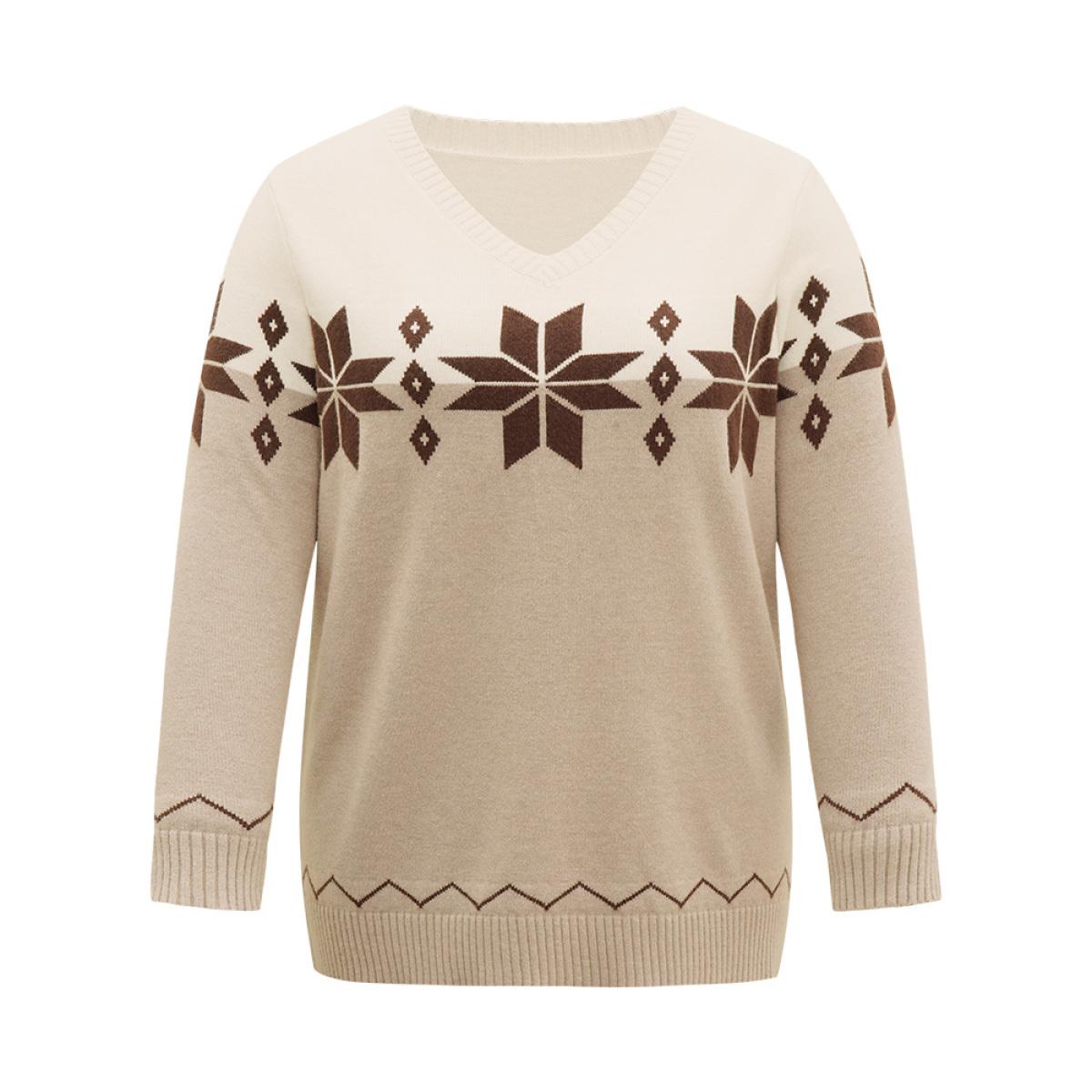 Plus Size Supersoft Essentials Anti-Pilling Snowflake Print Pullover Multicolor Women Casual Loose Long Sleeve V-neck Dailywear Pullovers BloomChic 18-20/2X Product Image