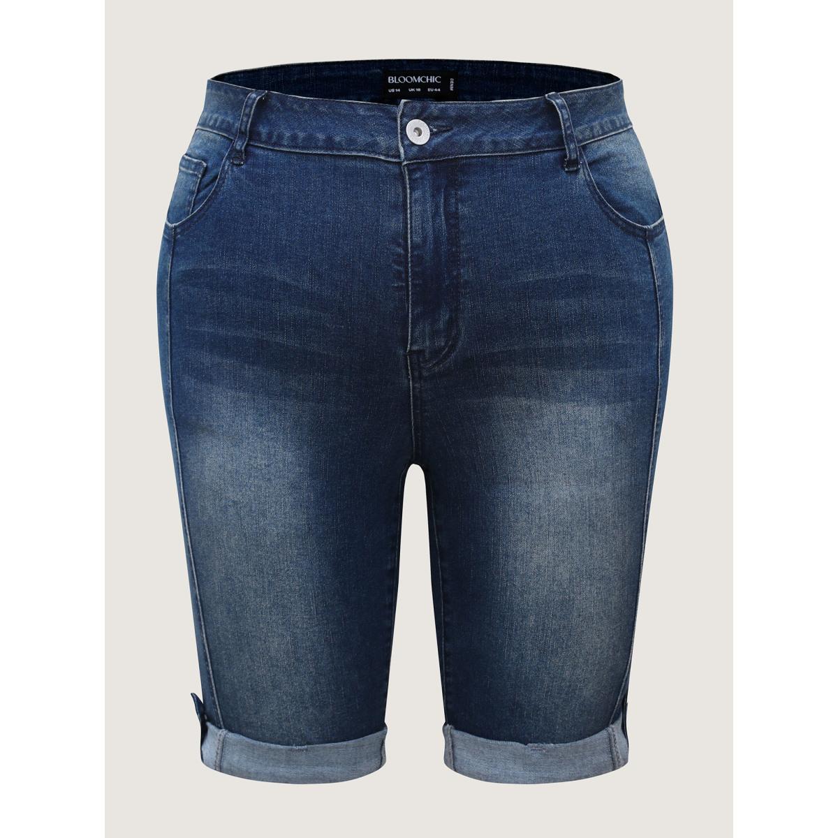 Plus Size Rolled Hem Skinny-Fit Denim Shorts Women Midblue High stretch Casual Slanted pocket Denim Shorts BloomChic 10/M Product Image