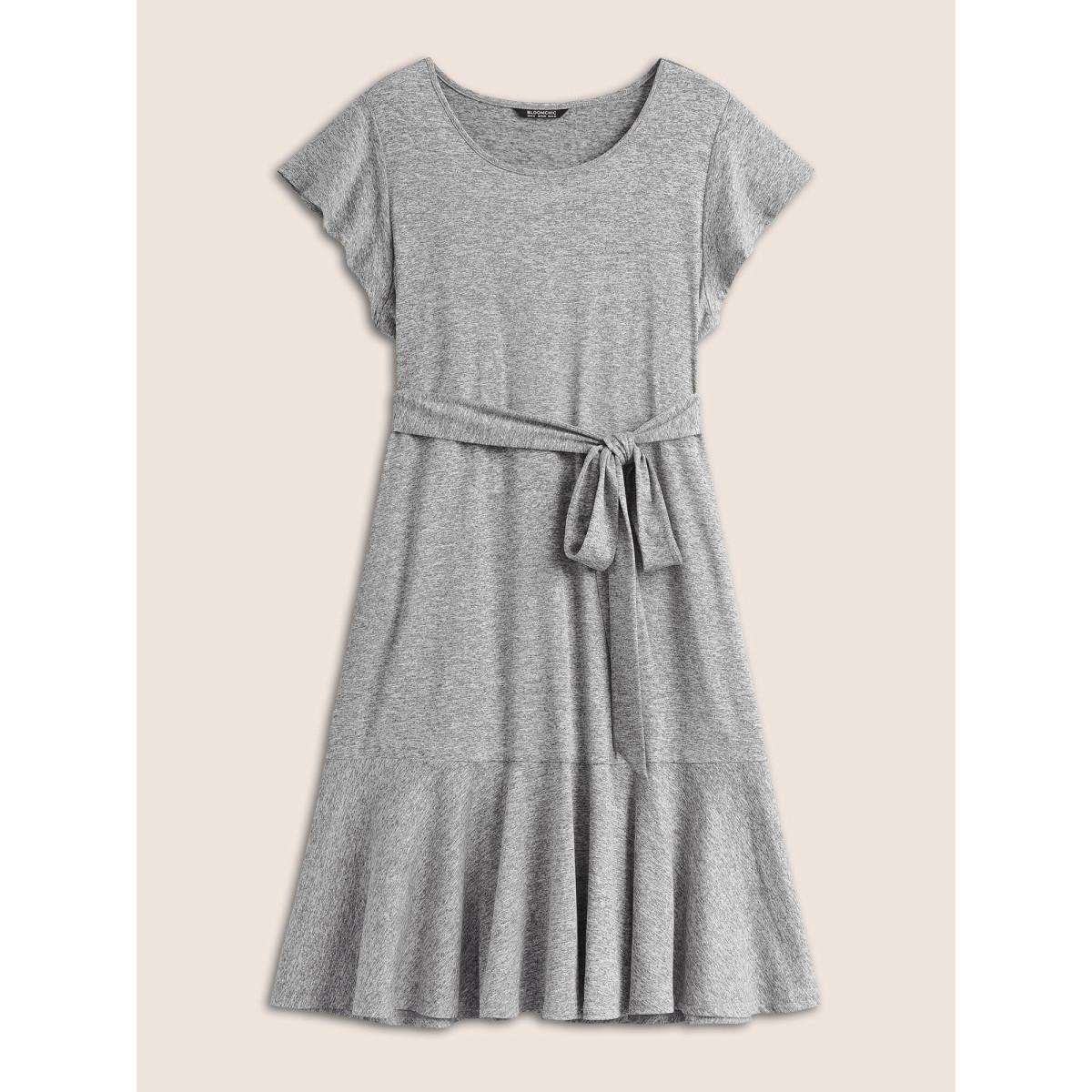 Plus Size Solid Patchwork Ruffle Cap Sleeve Belted Dress Gray Women Basics Belted Round Neck Cap Sleeve Curvy Midi Dress BloomChic 12/L Product Image