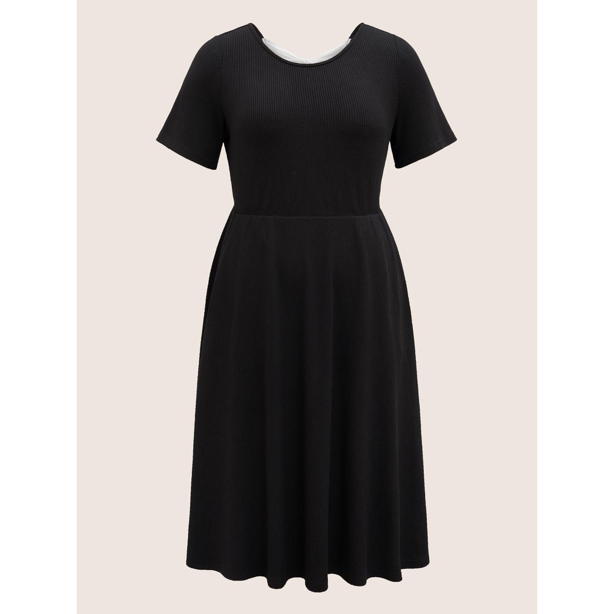 Plus Size Round Neck Contrast Back Bowknot Midi Dress Black Women Elegant Tie knot Round Neck Short sleeve Curvy BloomChic 14-16/1X Product Image