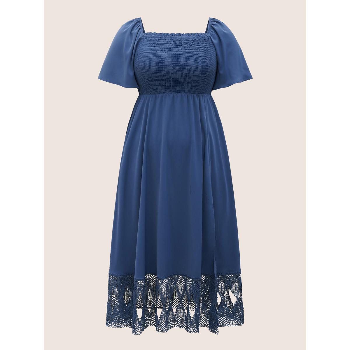 Plus Size Square Neck Shirred Lace Trim Slit Hem Dress DarkBlue Women Elegant Woven ribbon&lace trim Square Neck Short sleeve Curvy BloomChic 26/4X Product Image