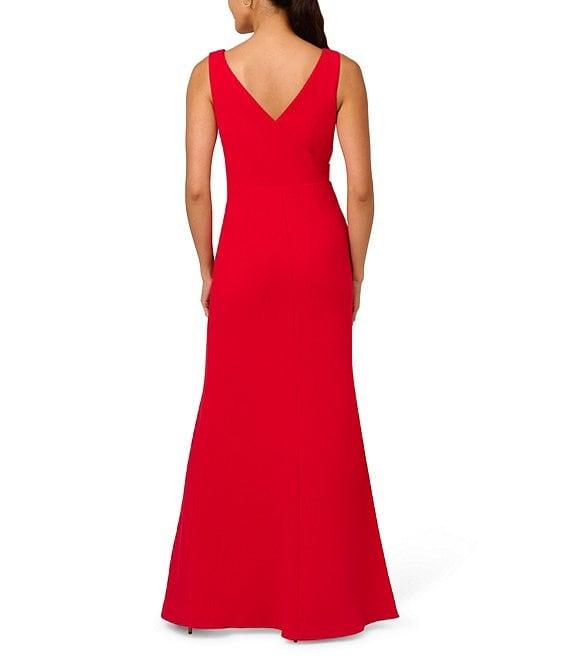 Adrianna Papell Solid Crepe V-Neck Sleeveless Front Bow Twist Side Slit Sheath Gown Product Image