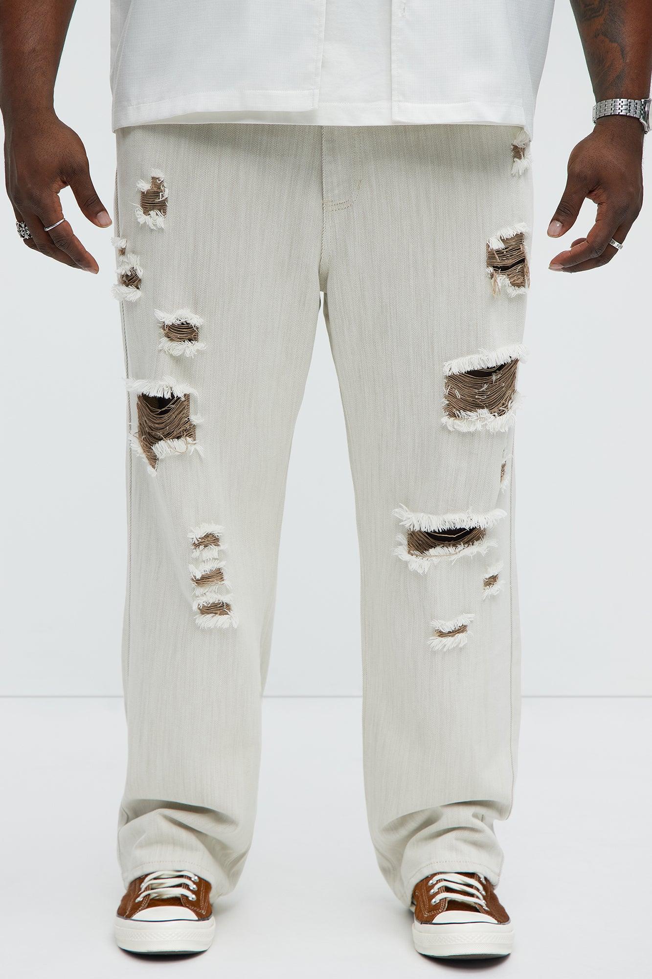 Hector Distressed Straight Jeans - Beige Product Image