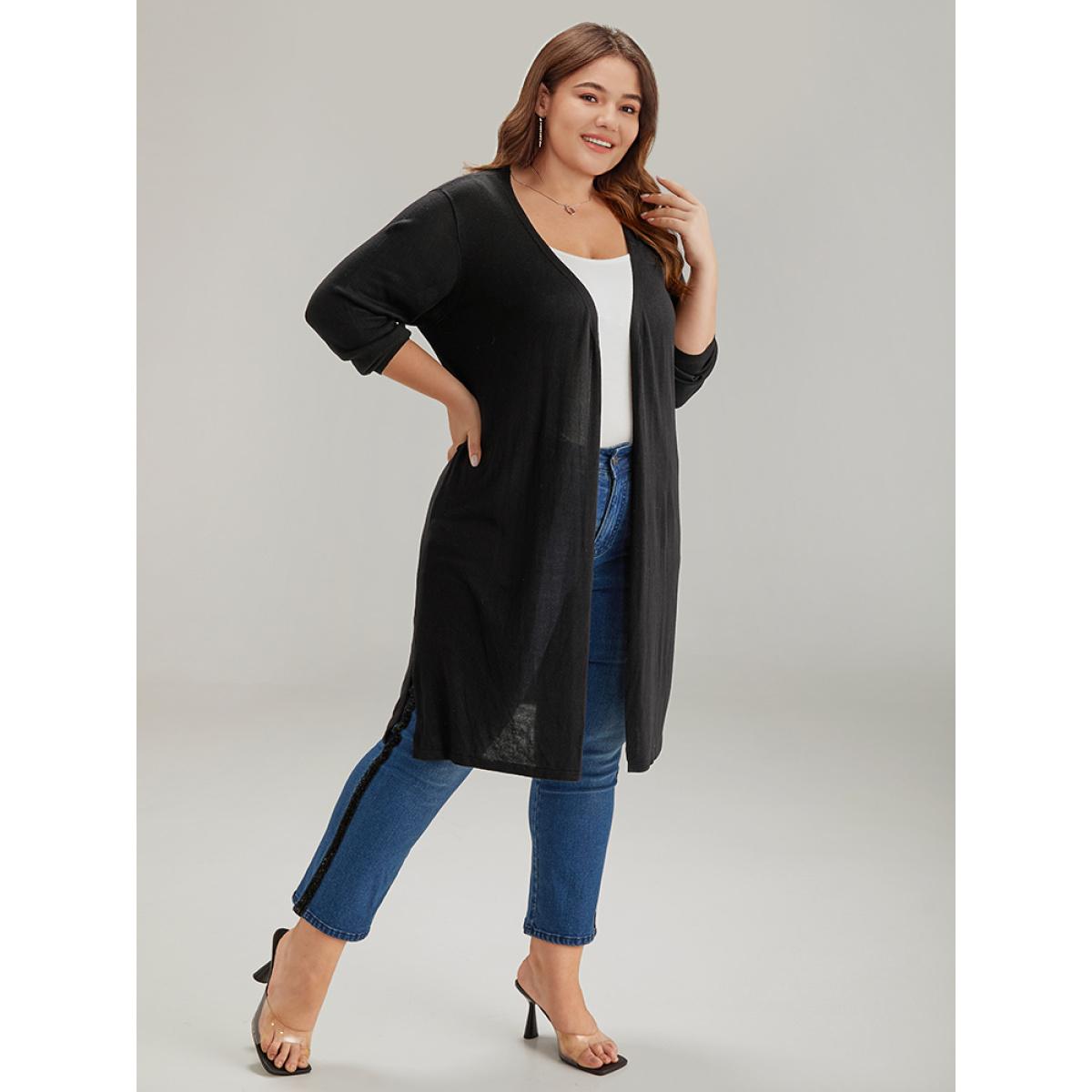 Plus Size Supersoft Essentials Ties Open Front Split Side Cardigan Black Women Casual Loose Long Sleeve Everyday Cardigans BloomChic 30/6X Product Image
