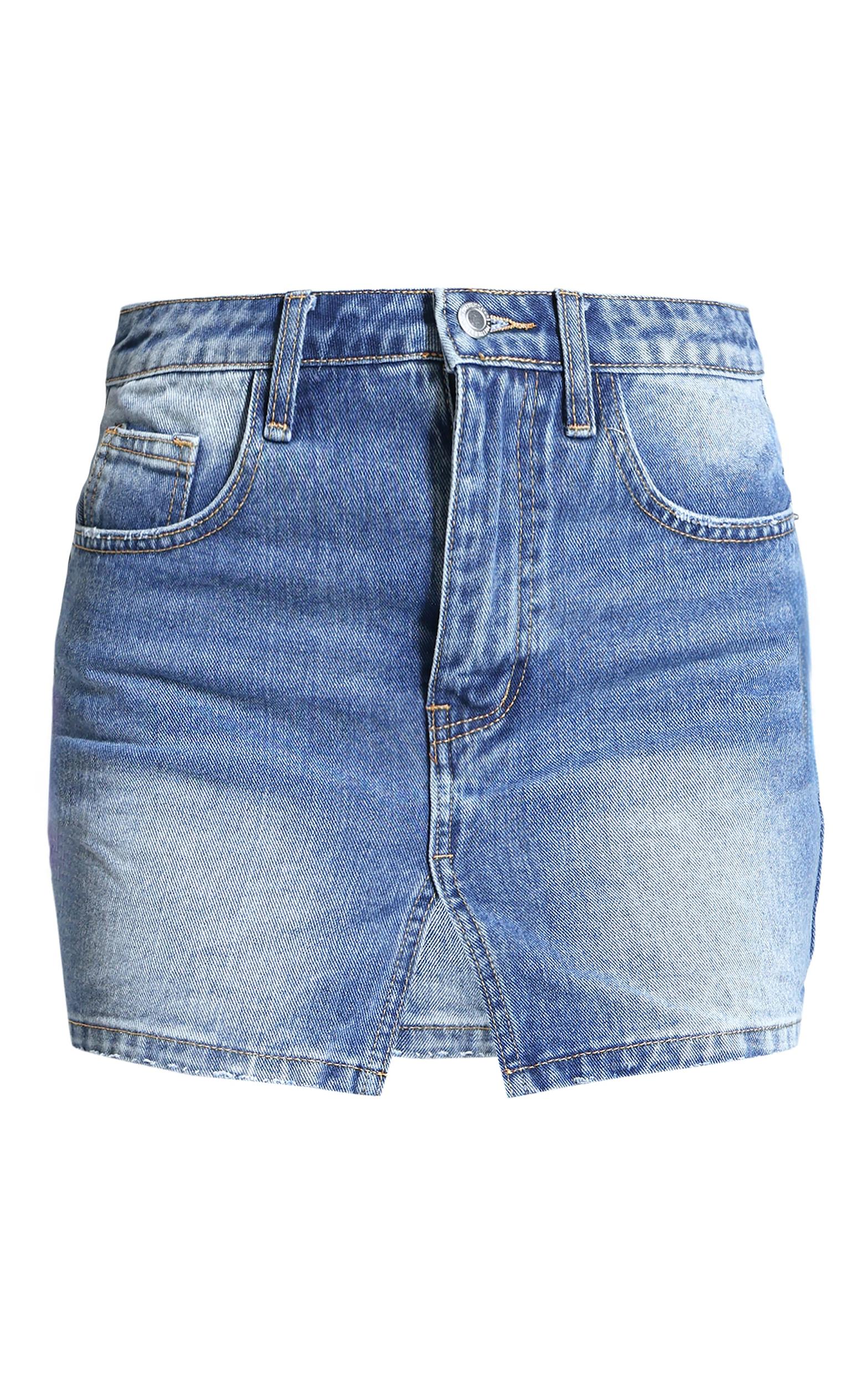 Mid Blue Wash Split Front Denim Mini Skirt Product Image
