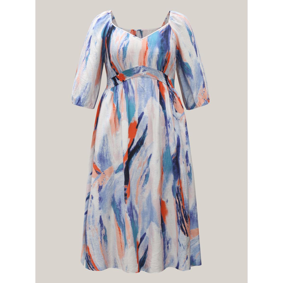 Plus Size Abstract Print Waist-Cinched Split Hem Maxi Dress Multicolor Women Romantic Gathered Heart neckline Elbow-length sleeve Curvy BloomChic 12/L Product Image