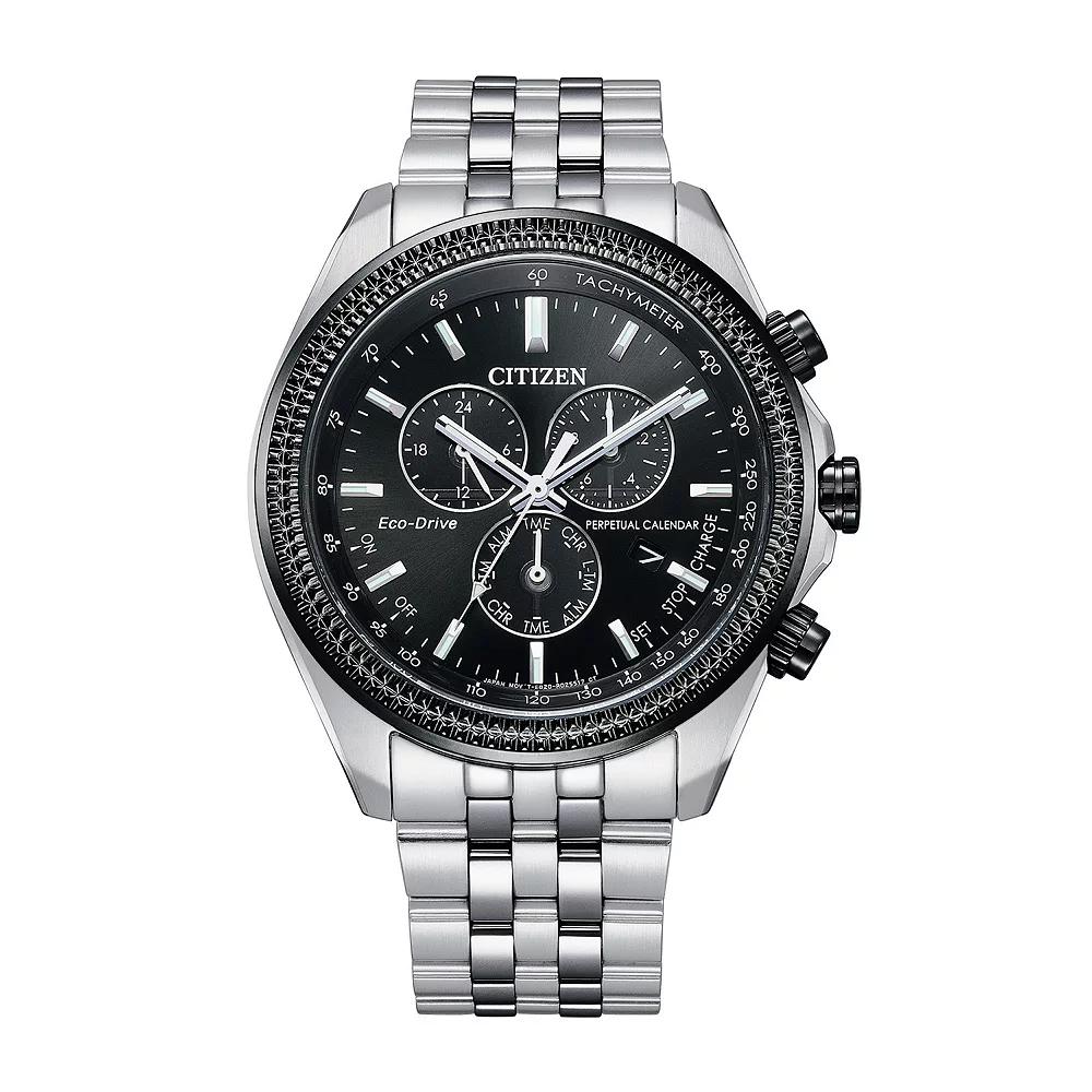 Citizen Mens Eco-Drive Weekender Stainless Steel Black Chronograph Dial Bracelet Watch Silver Product Image