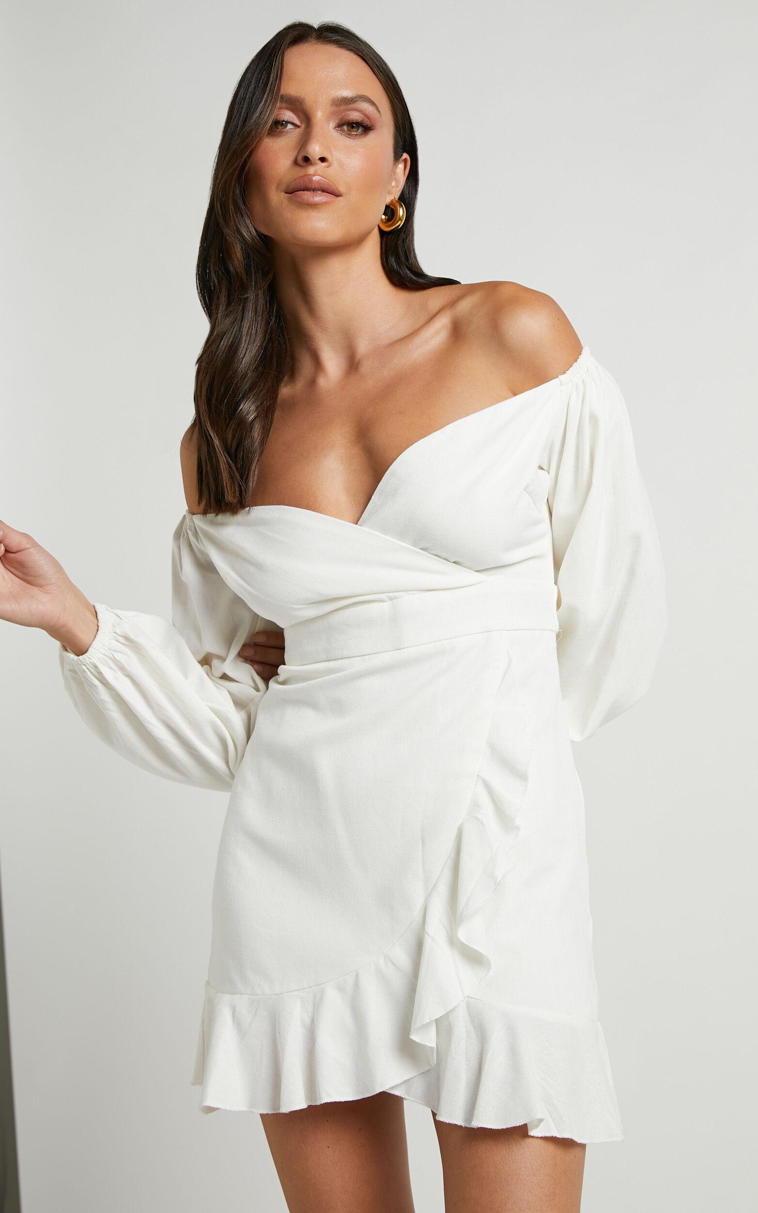Cant Move On Off Shoulder Mini Linen Blend Dress in White Linen Look Product Image