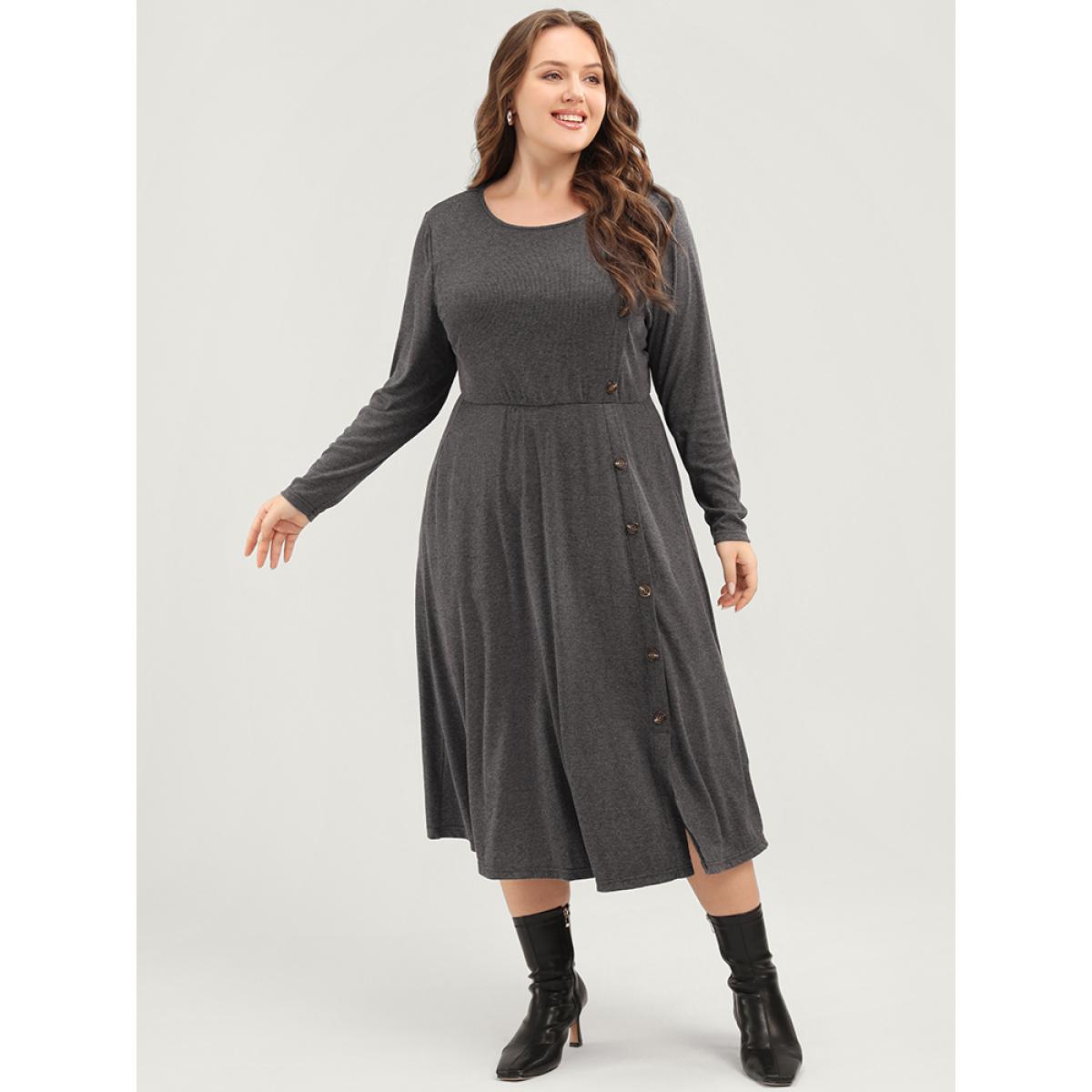 Plus Size Solid Round Neck Pocket Button Detail Ruffle Hem Dress Gray Women Elegant Button Round Neck Long Sleeve Curvy Midi Dress BloomChic 12/L Product Image