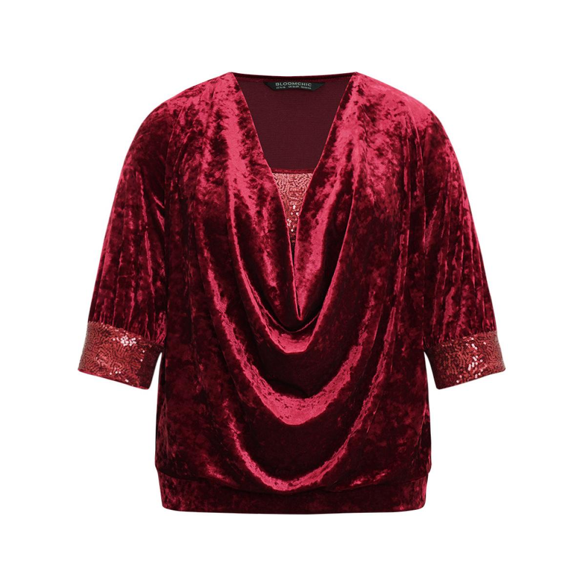 Plus Size Scarlet Cowl Neck 2-In-1 Sequin Patchwork Blouse Women Party&Cocktail Elbow-length sleeve Cowl Neck Party Blouses BloomChic 26/4X Product Image